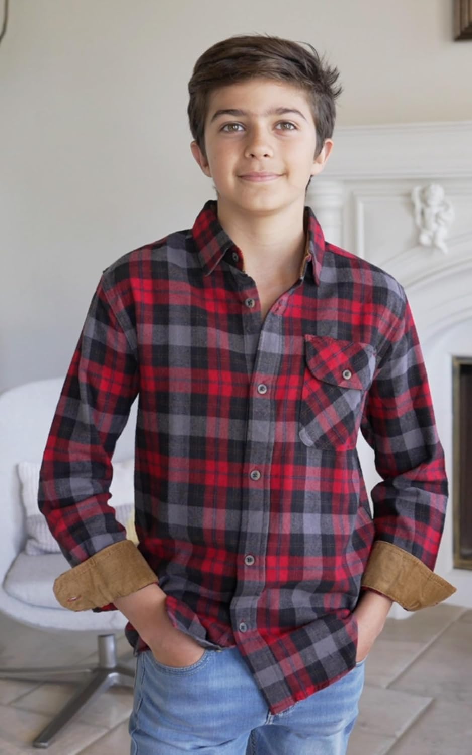 Gioberti Boy's Single Pocket Flannel Shirt with Corduroy Contrast