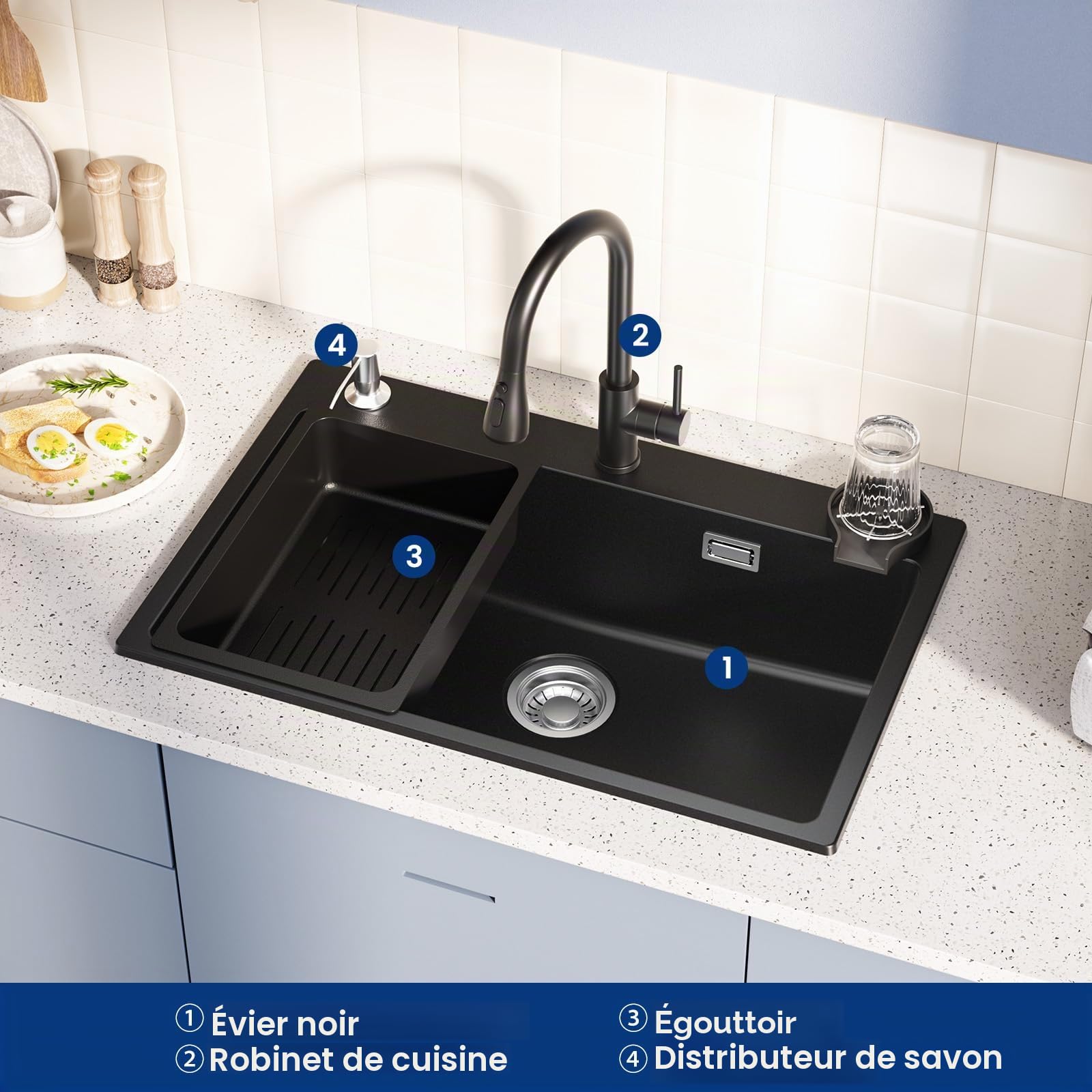 CECIPA Évier de cuisine noir 70 x 45 x 20 cm avec robinet extensible et distributeur de savon, évier en granit avec garniture d'écoulement et de trop-plein, 1 bac encastrable à partir de 80 cm de