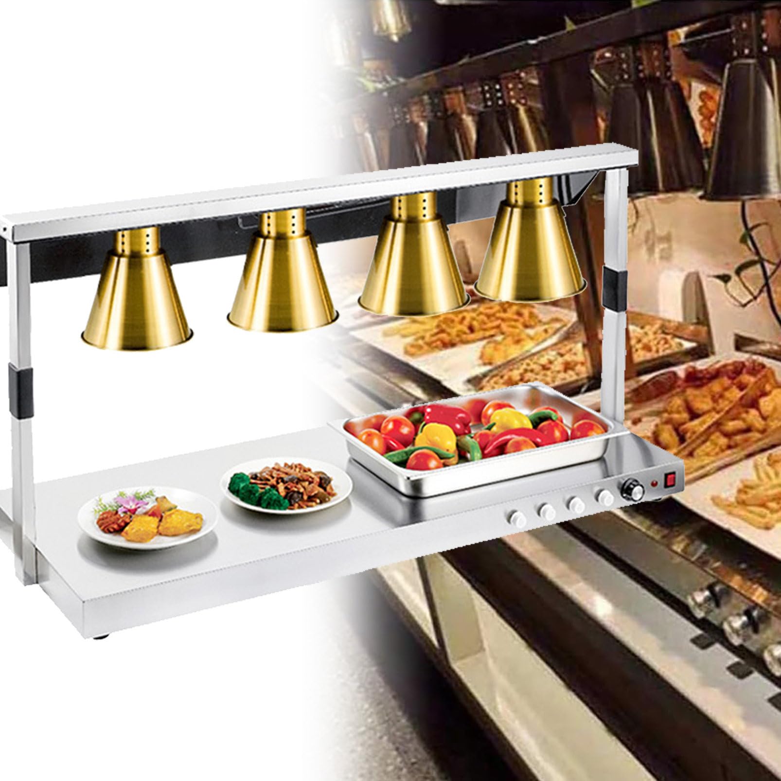 JKJZSALJ Commercial Food Warmer Lamp, Stainless Steel Buffet Heater For Restaurants And Kitchens, Ideal For Keeping Pizza And Food Warm,Gold,fourheads