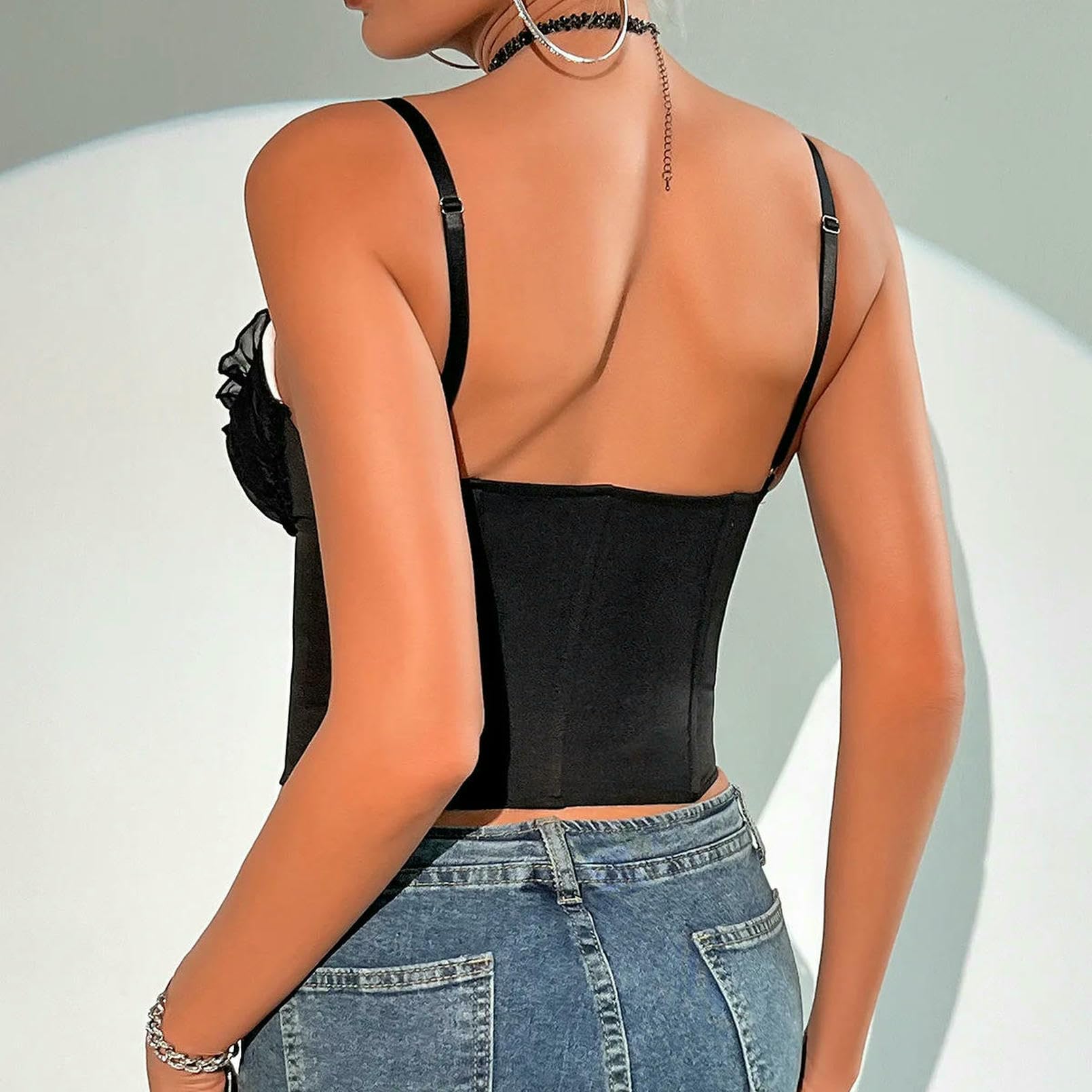 Canotta da Donna Sexy A V Collo Y2k Top Corti in Pizzo Patchwork Corsetto Bowknot Slim Camisole Forma di Corpo Pesce Bustier-Blu -s