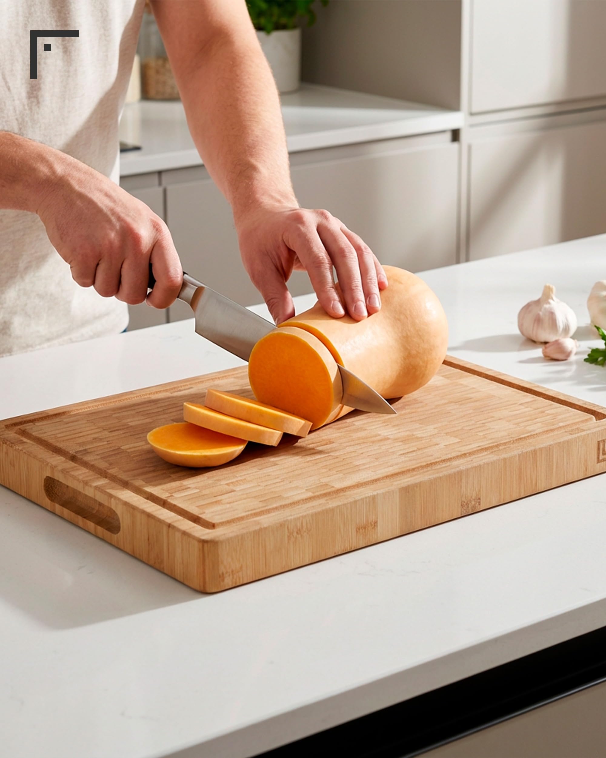 LARHN Stirnholz Hackblock Bambus massiv - 40x30x4 cm - Schneidebrett Holz | Messerschonend, Saftrille, Griff, vorgeölt, wendbar, plastikfrei, für Fleisch, Gemüse, Brot, Käse & Wurst