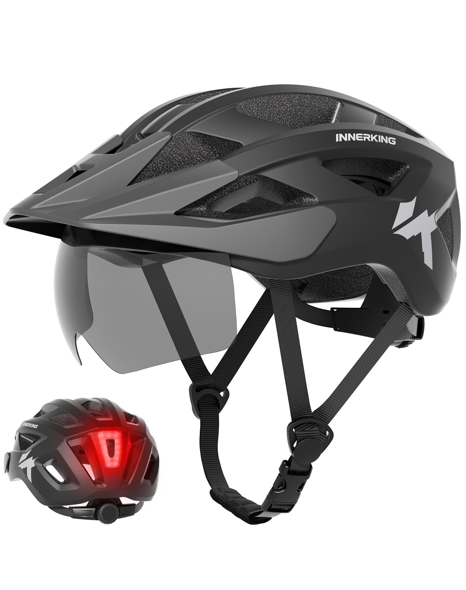 InnerKing Fahrradhelm Herren Damen, Leichte Fahrradhelm mit Magnetische Schutzbrille Visier und USB-Aufladung LED Licht, MTB Helm Radhelm Cityhelm