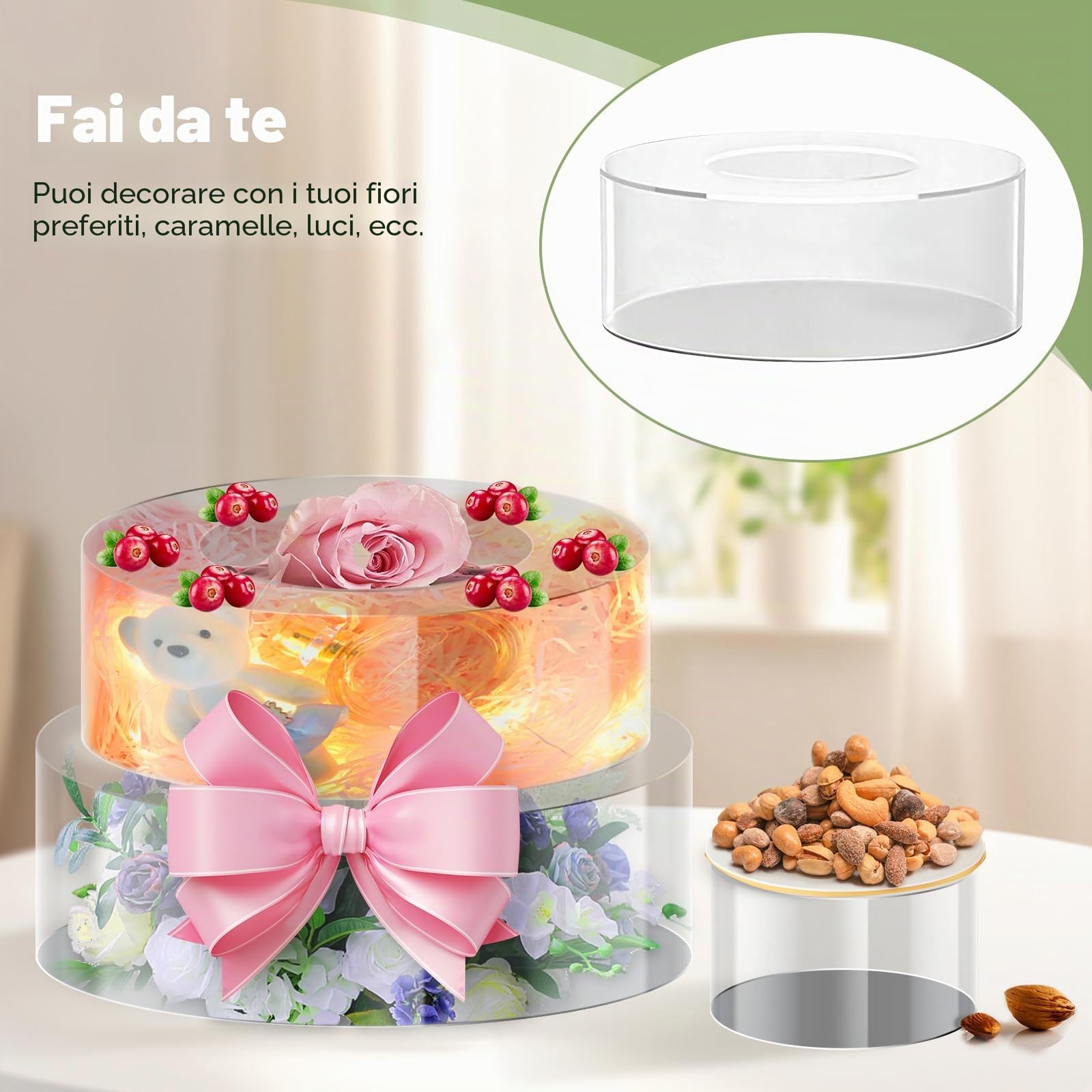 perfk Cilindro Acrilico Display Riser Centrotavola Decorativo Rotondo Forniture Decorative Stand Riser Cake Dummy Cake Display di Compleanno, 25 cm