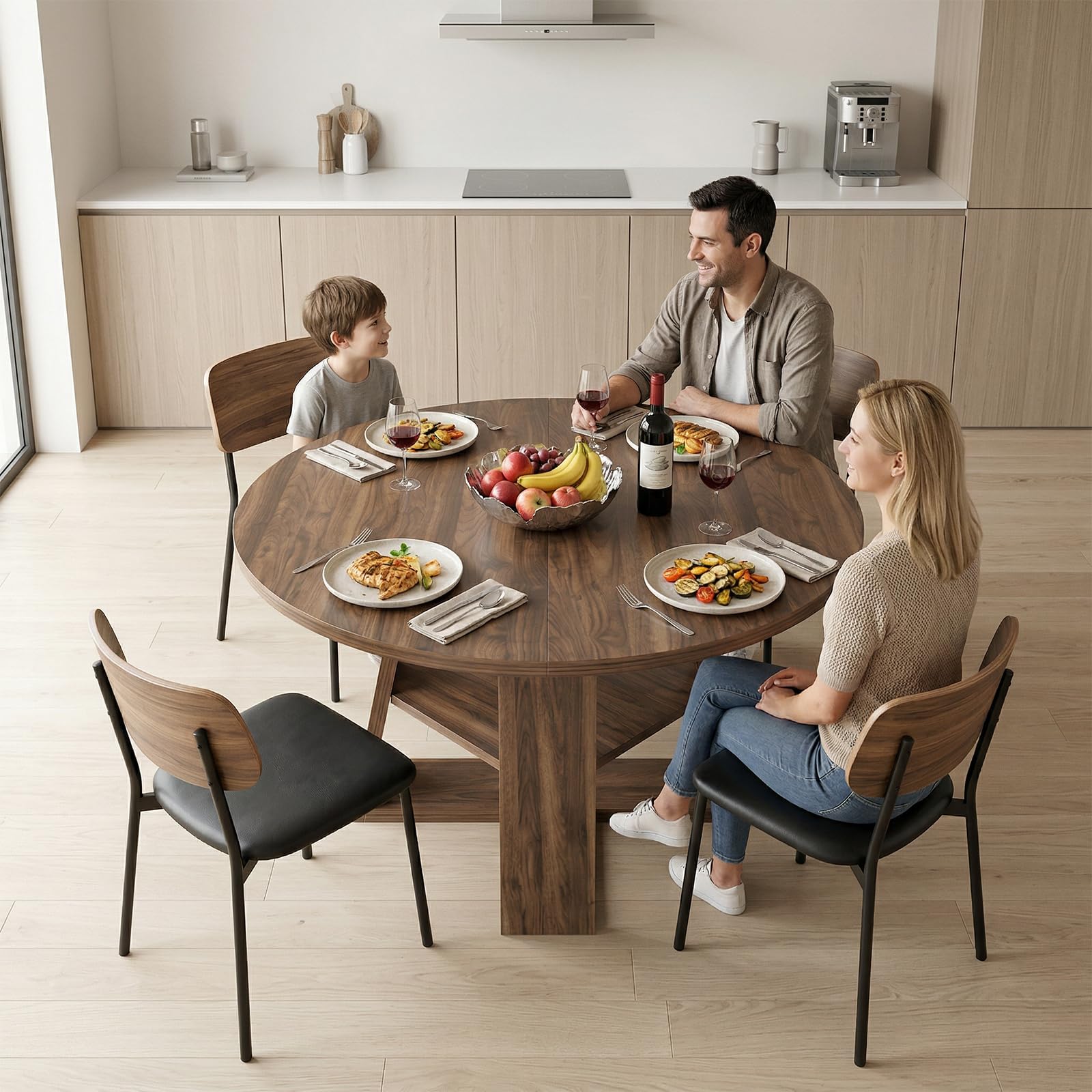 Ausziehbar Runder Esstisch, Esszimmertisch mit Ablage, platzsparender Küchentisch Walnuss Runder Tisch, 110-150 cm, ausziehbar zu oval, für 4-6Personen (Stil 1)