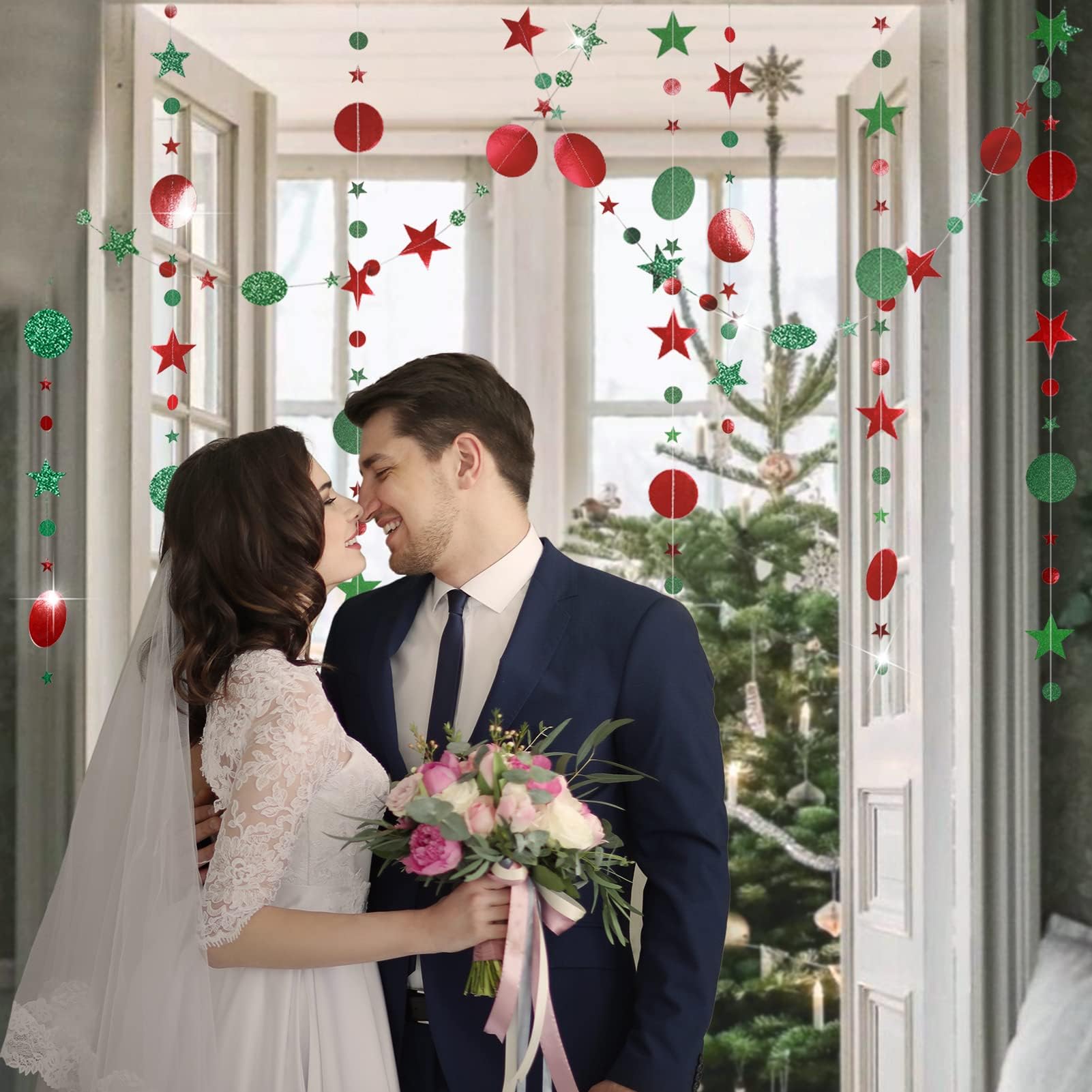 Kit de Guirnalda de Estrellas y Lunares Rojos con Purpurina para decoración de Fiestas de Navidad, decoración para Colgar, Bandera, Bandera, árbol de Navidad, Año Nuevo, celebración, cumpleaños