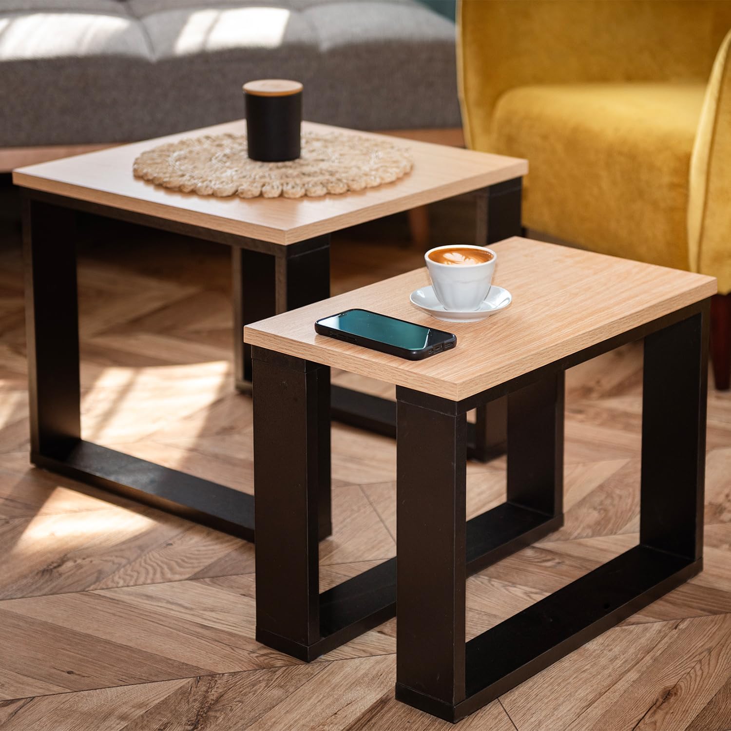 LEHMANN Set of 2 Wooden Coffee Tables, nested and separated