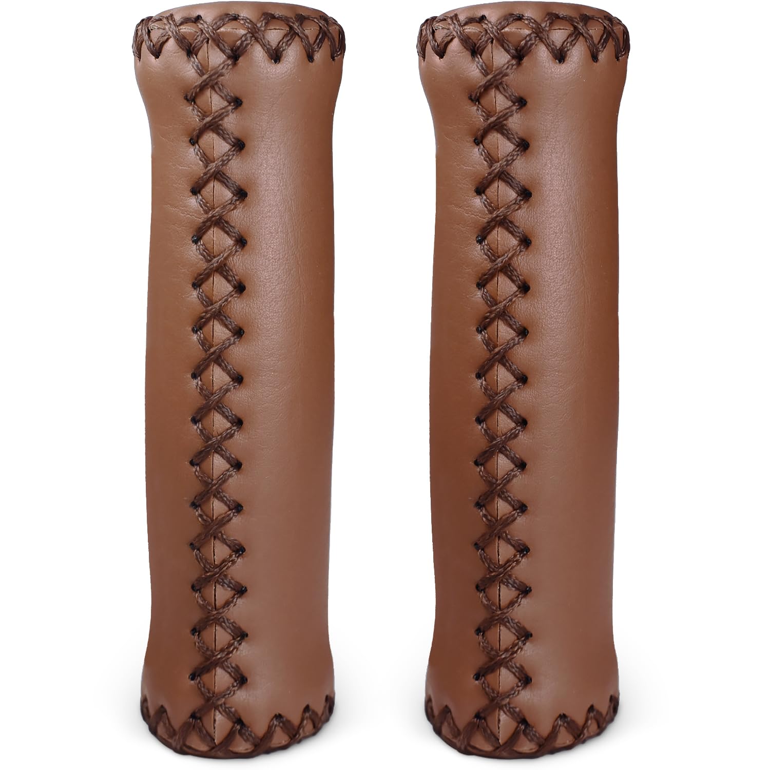 MARQUE Cruiser Bike Handlebar Grips - Brown Vinyl Leather Grips in 135mm with Hand-Stitched Seam for 22.2mm (7/8") Beach Cruiser Bicycle Handlebar for Woman & Man Light Brown