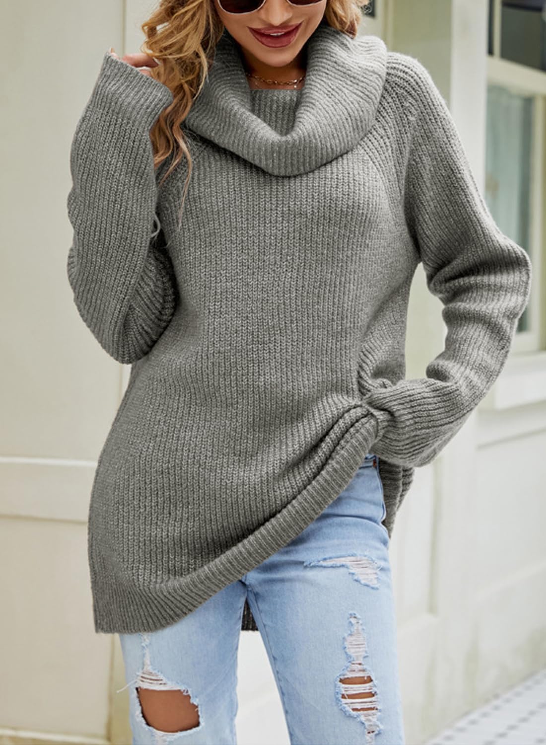 crazy bean Maglione Donna Elegante a Collo Alto Maglie Pesante a Maniche Lunghe Caldo Dolcevita Lungo Pullover Invernale in Maglia Oversize