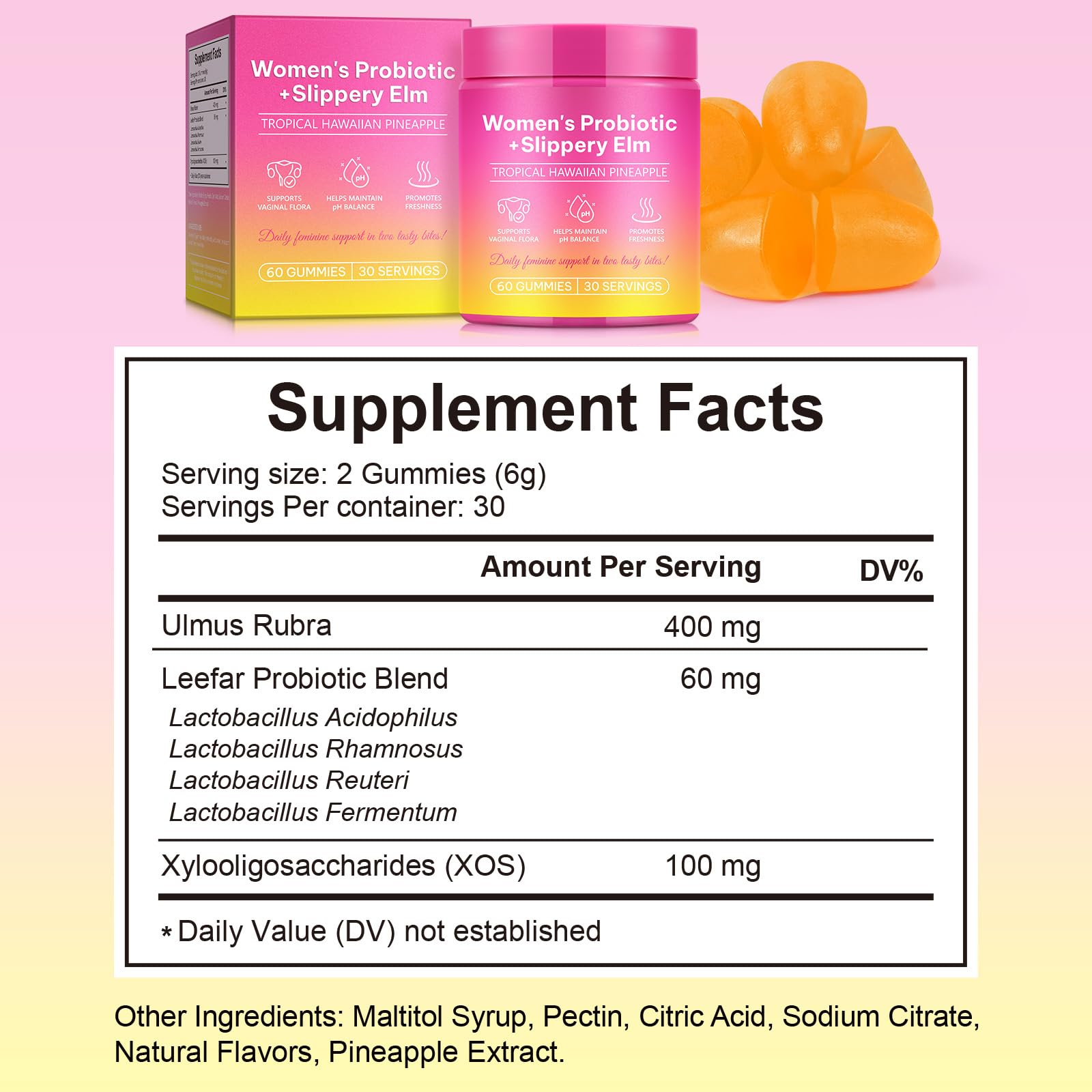 Probiotiques Gummies pour Femmes, Soutien de la Santé Intime et Digestive Grâce aux Prébiotiques, équilibre du pH, Système Immunitaire et Intestinal | Végan, Sans Gluten, Arôme Ananas, 60 Gummies