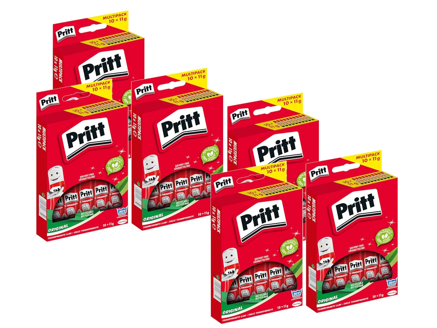 Pritt Colla stick multipack, scatola pieghevole, 6 x 10 x 11 g, stick di colla in pratica confezione multipla, ideale per ufficio, scuola e bricolage