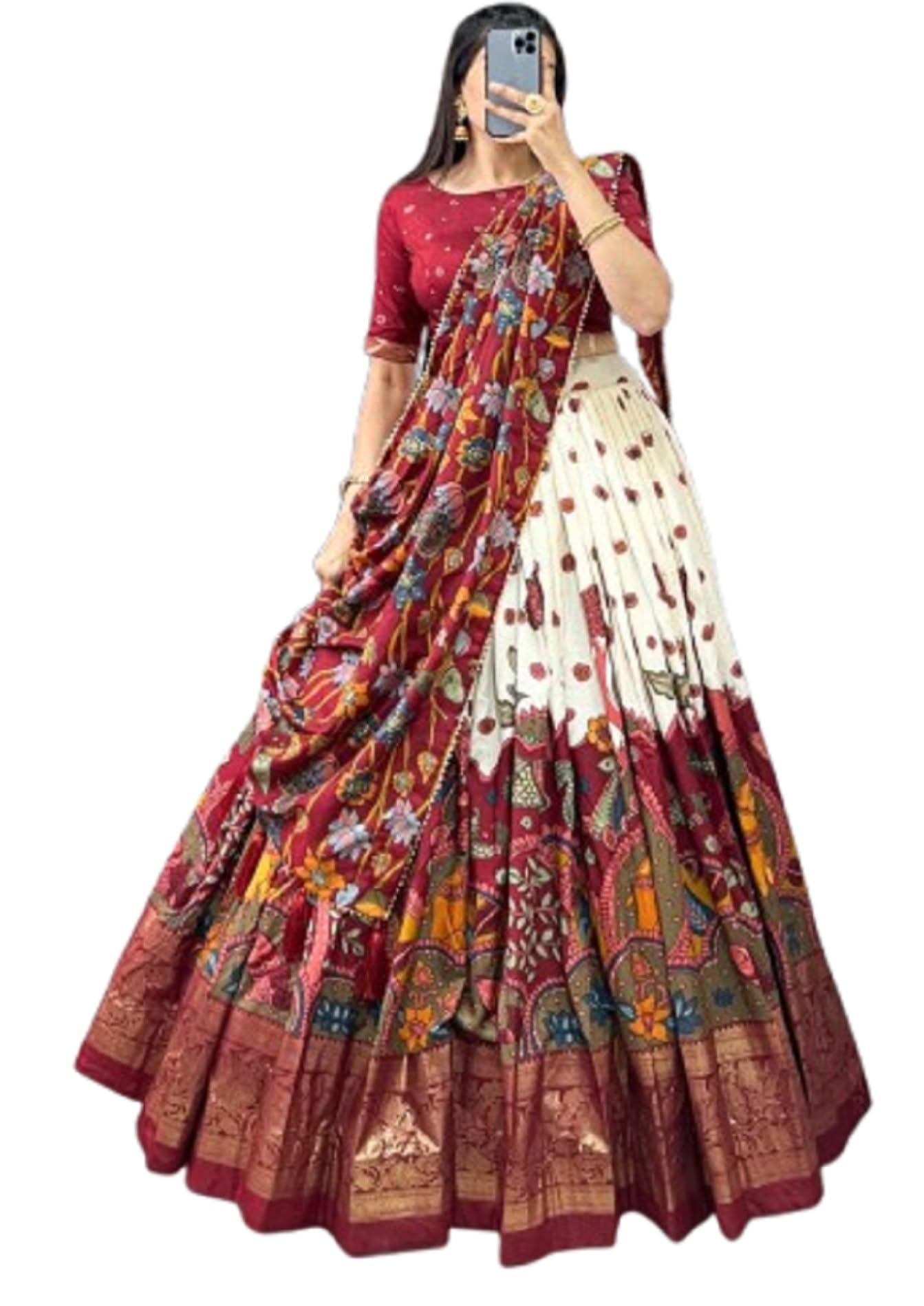 Ready To Wear Lehenga Saree Set For Women Bollywood Style Tussar Silk Fabric Saree With Patola Print With foil Print Work White Colour-image-24