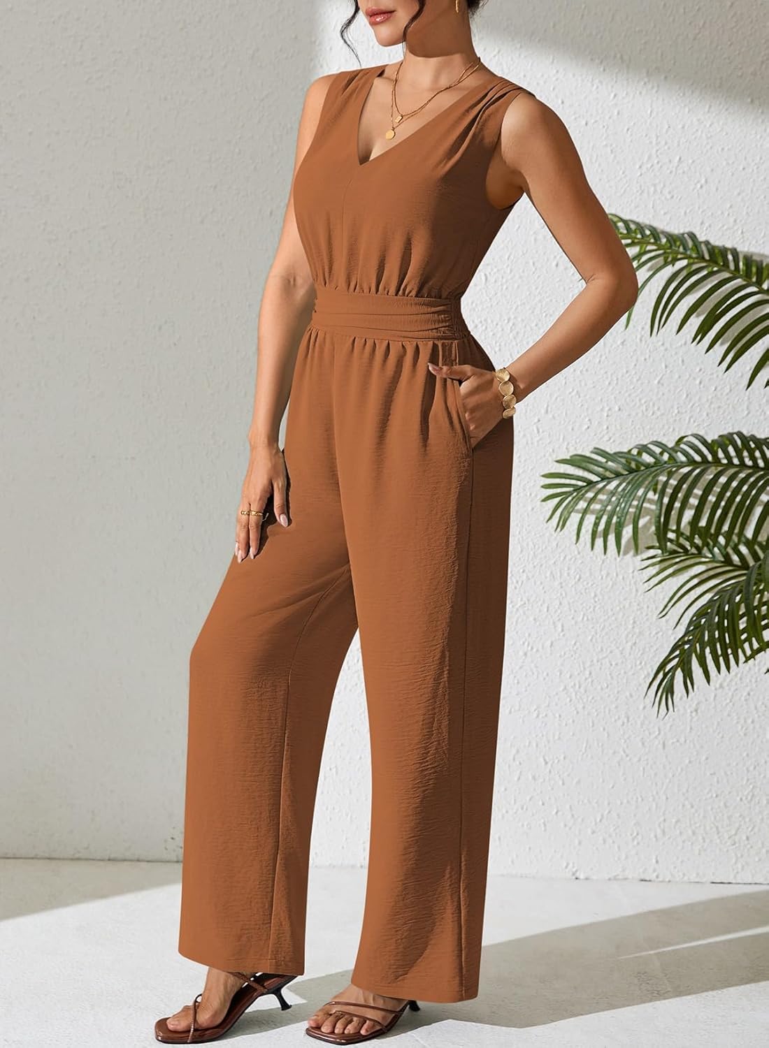Pink Queen Jumpsuits for Women Dressy Sleeveless V Neck Wide Leg Pants Romper Casual Vacation Outfits - Image 2