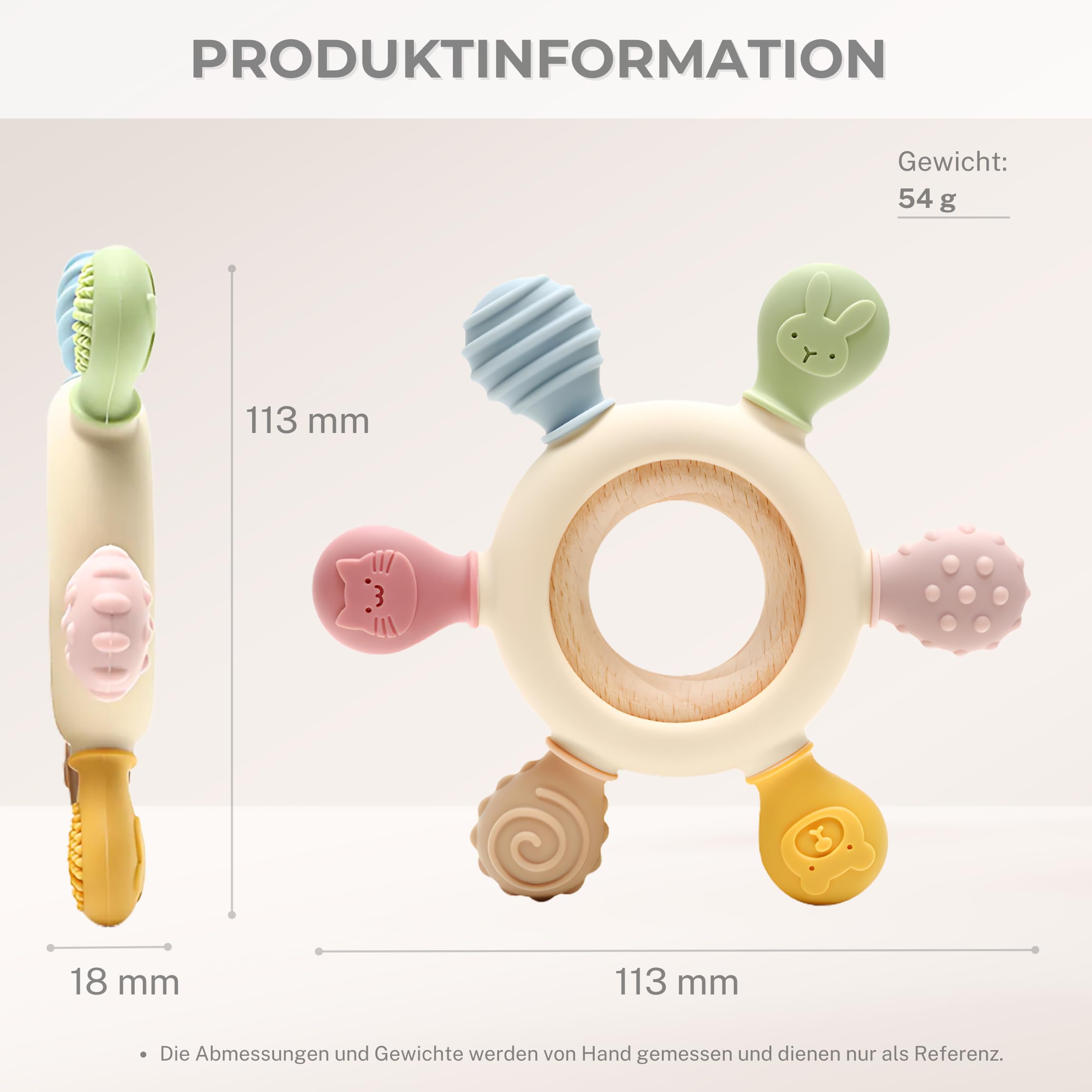 CAJA Baby Teething Ring – Teething Toy – Teething Aid – Teething Ring – Rowing Animal Motif Made of Silicone and Wood, BPA-Free – Teething and Grasping Toy Nursing for Babies (Complexion) - 3