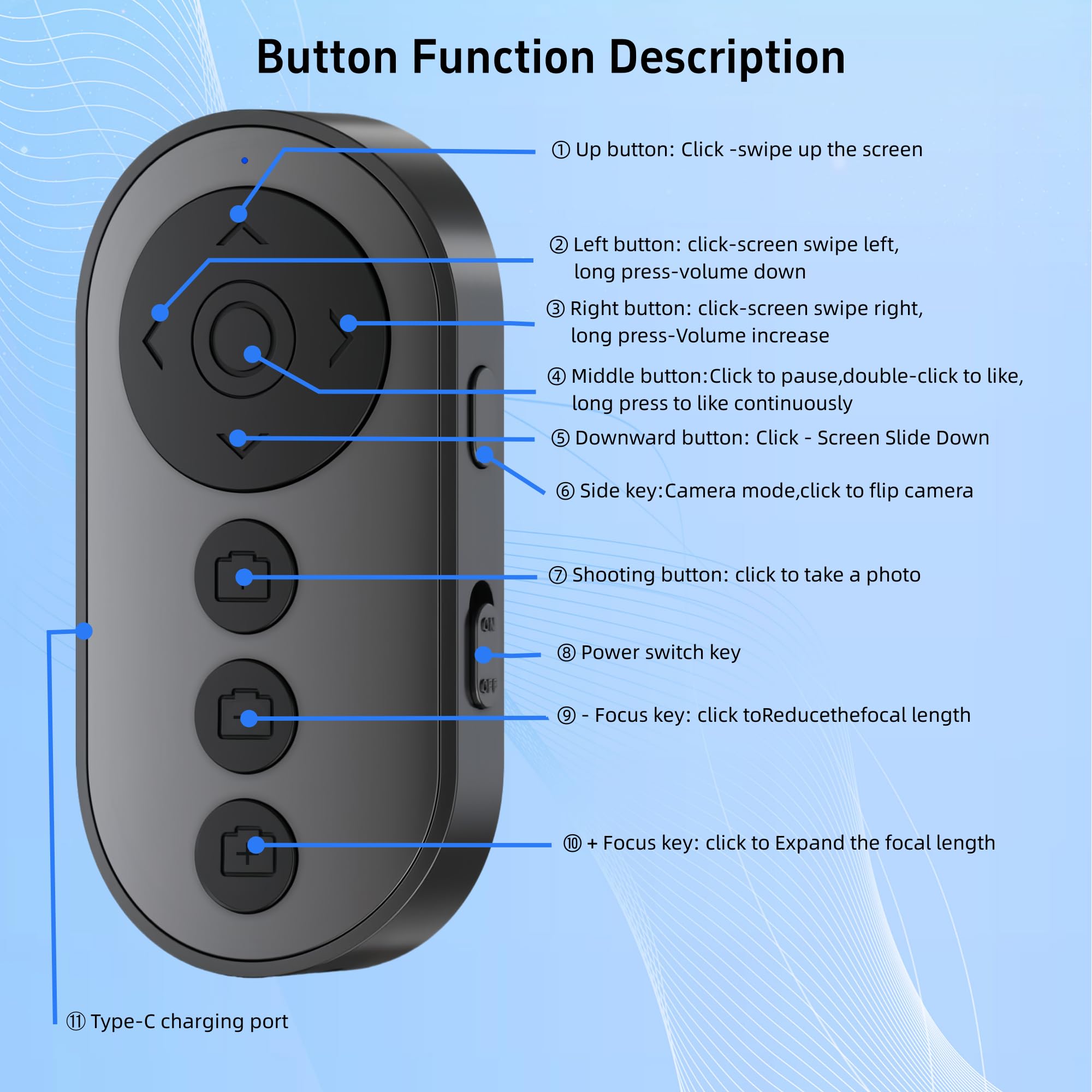 Déclencheur de caméra Bluetooth avec zoom, interrupteur avant/arrière, rechargeable pour iPhone et Android