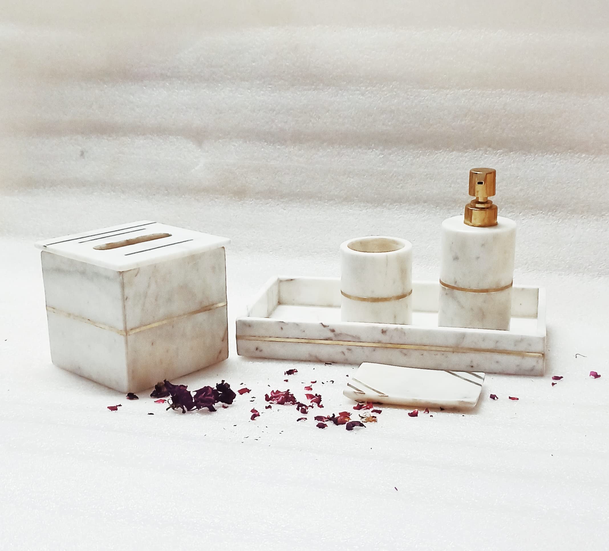 RM 5-Piece Bathroom Accessories Set,Soap Dispenser,Tray,Tumbler, Marble Set Rameshwaram Marble for Home Bathroom Decor,Gift Boxed (Marble)