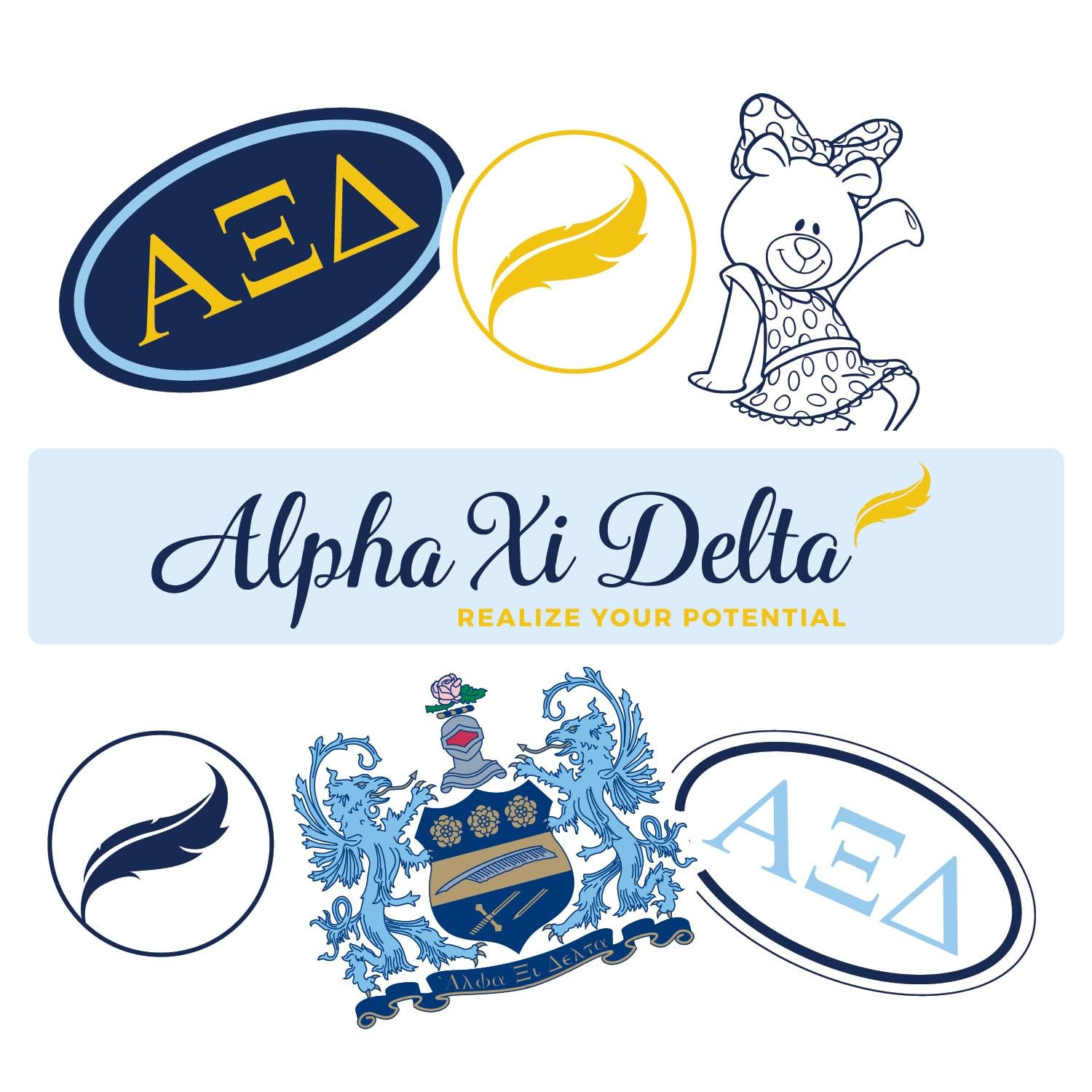 Alpha Xi Delta Sticker Sheet - Brand Focus Vinyl Sorority Stickers with Officially Licensed Designs, Removable Adhesive, 7 Stickers per Sheet, by