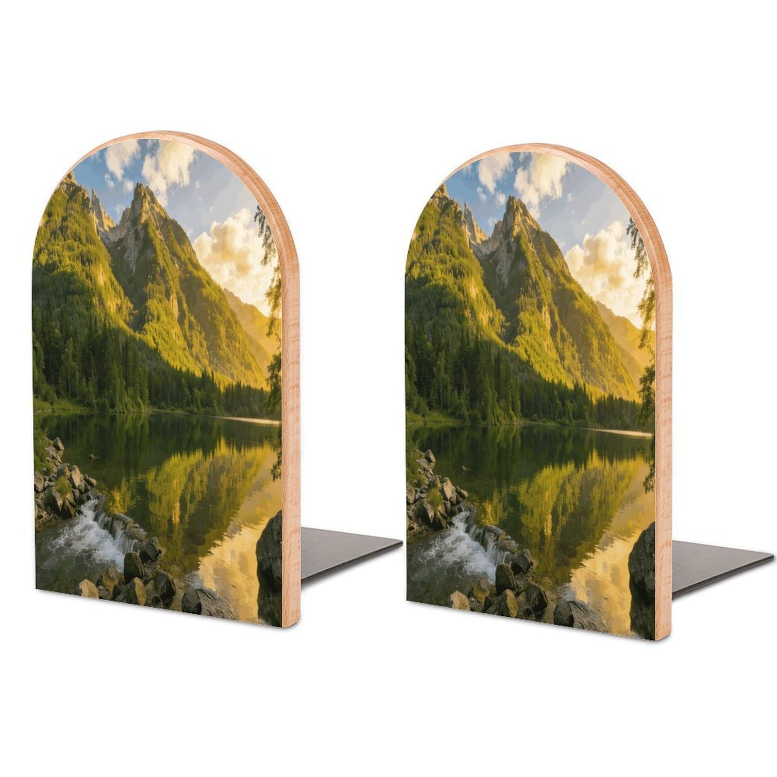 Sujetalibros de madera tallada con diseño de puesta de sol para estanterías elegantes