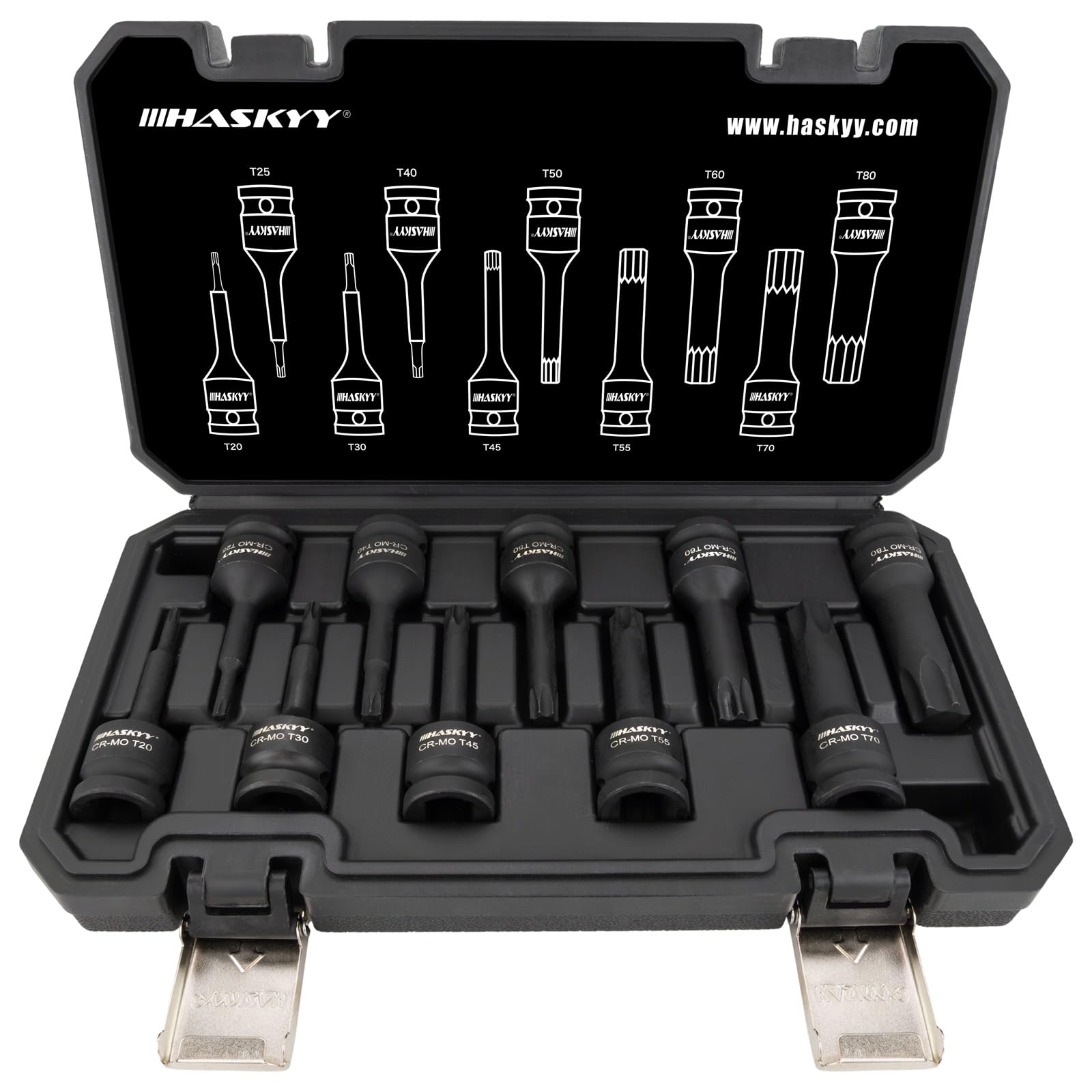 HASKYY Ensemble de douilles pour écrou de visseuse à choc 1/2 pouce T20-T80 - Jeu de bits pour clé à douille Torx - 10 pièces - Ensemble d’écrous Torx - Outil pour entretien de voiture, moteur, freins
