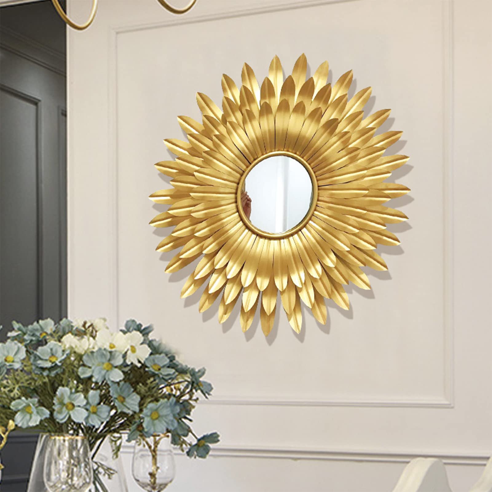 Gold Sunburst Wandspiegel, Metall Dekorative Wandspiegel, Wandspiegel zum Aufhängen für Wohnzimmer, Moderner Akzentspiegel Wanddekor für Schlafzimmer Kamin