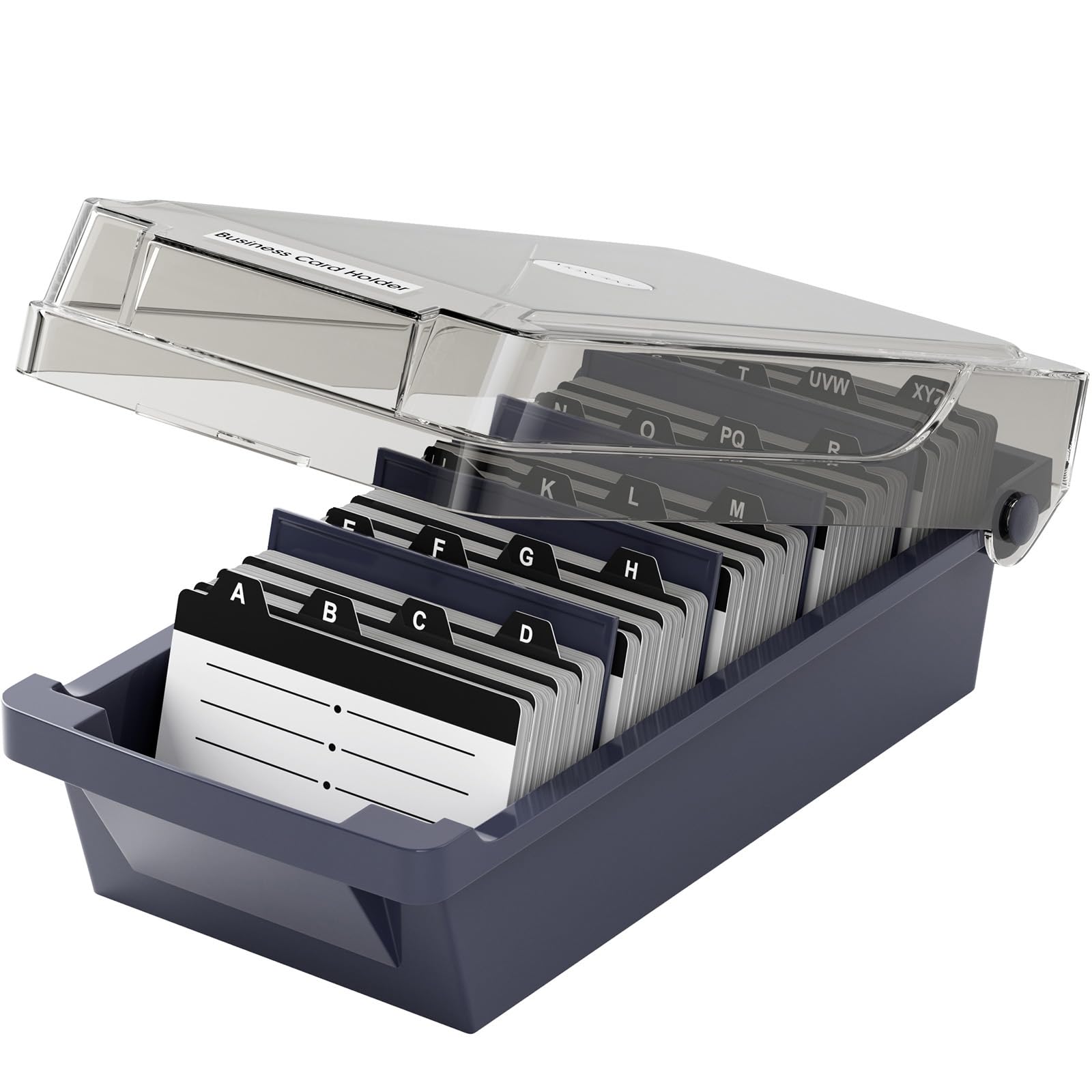 MaxGear Business Card Holder Desk, Large Plastic Business Card Organizer Box with Lid, Credit Cards Holder File Storage Case for Office & Home, Holds