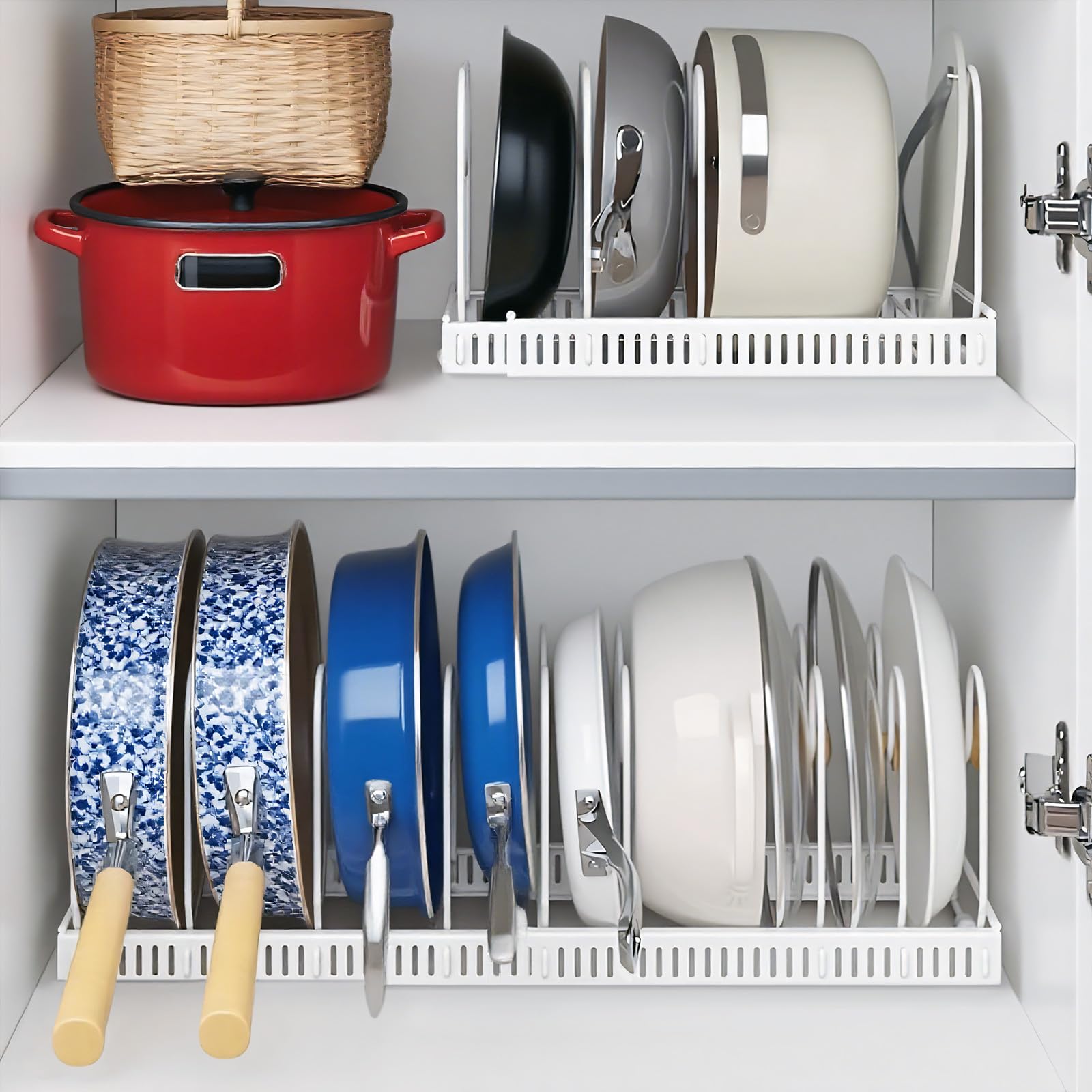 Porta Coperchi Pentole con 10 Scomparti Regolabili, Organizer Padelle Salvaspazio Espandibile, Organizzatore Portacoperchi Interno Mobile Allungabile Cucina per Coperchio Padelles Cassettone (Bianco)