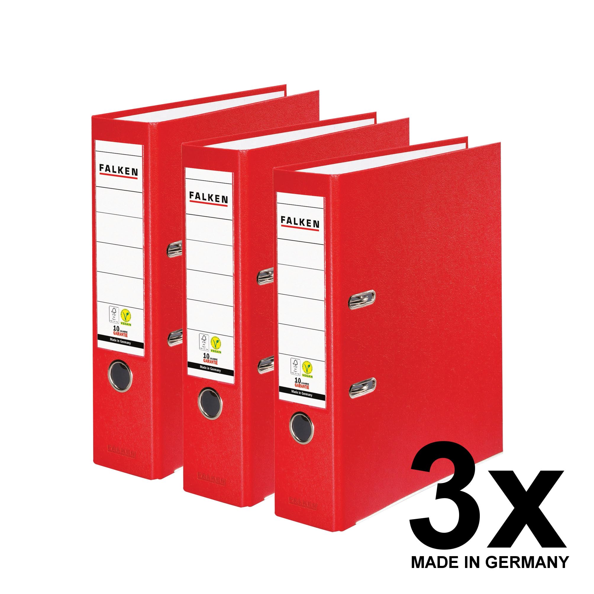 Original Falken Pack of 3 Polypropylene Colour Folders, Made in Germany, 8 cm Wide, DIN A4, Red, Vegan Plastic Folder - Image 2