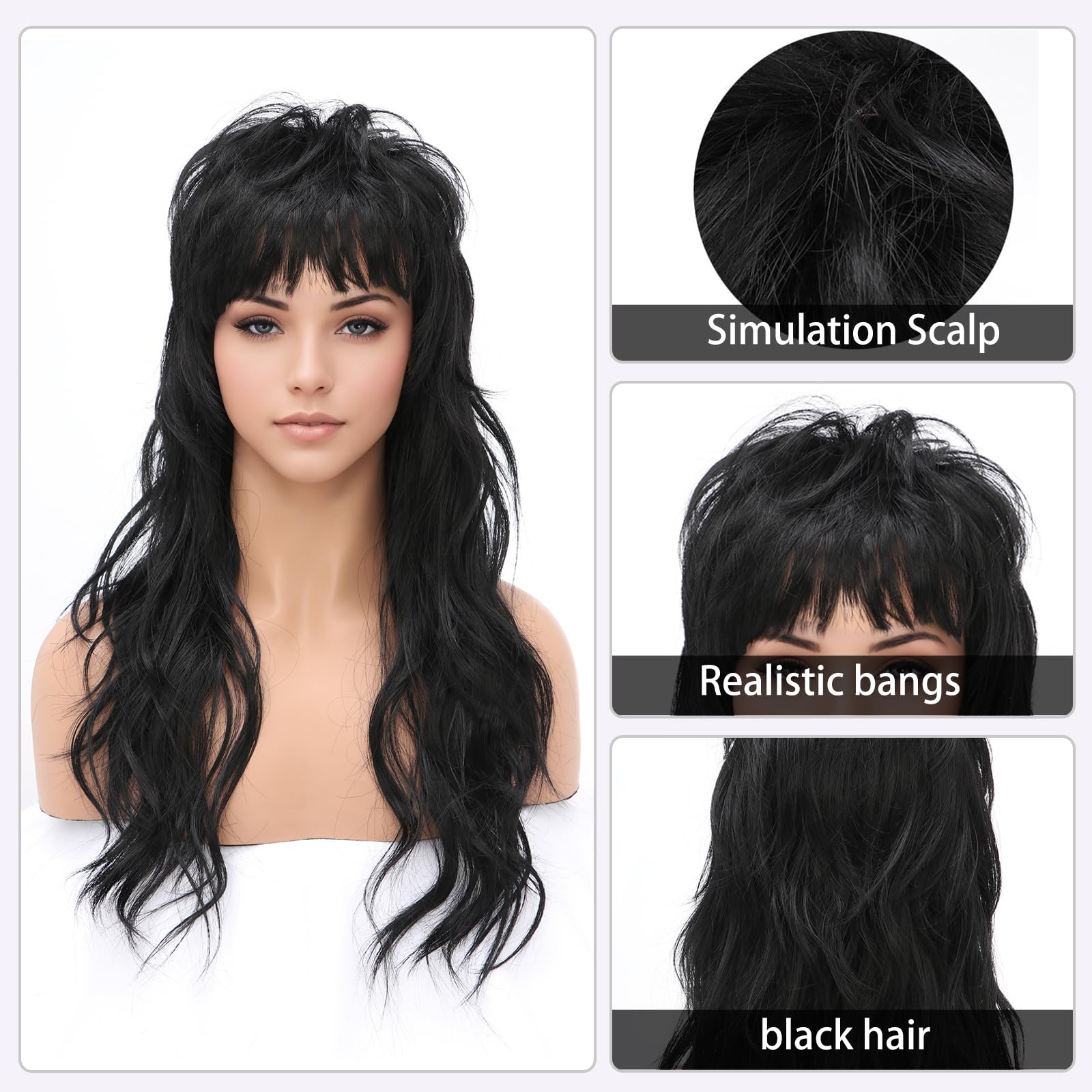 SeclitWu 80s 90s Retro Black Mullet Wigs Pixie Cut Wigs with Bangs for Women Wolf Cut Wig Middle Part Black Synthetic Heat Resistant Fiber Costumes Cosplay Hair Wig for Daily Party Use (22 Inch) - Image 2