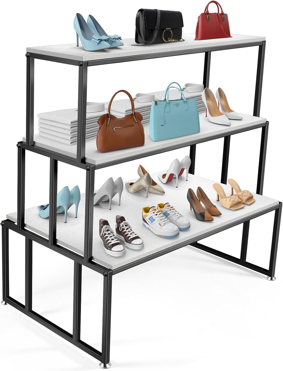 3-Tier Display Table & Heavy Duty Display Riser Stand for Shoes, Handbags, Clothing, Iron and Wood Black Store Display for Retail Boutique, Home Organization Supplies