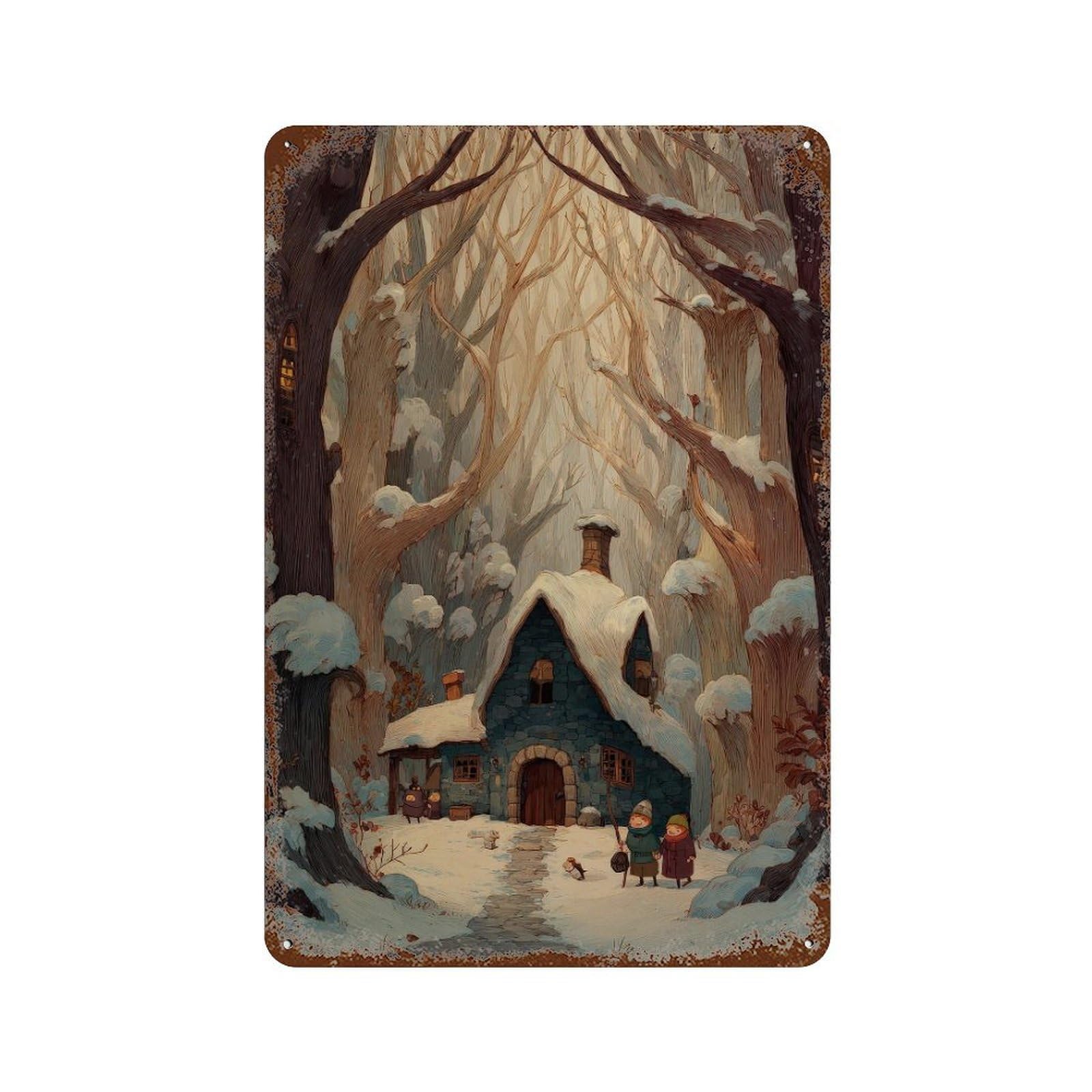 xiaoxiaoshen Snowy Cottage. Cozy Winter Storybook Illustration Wall Decor Art Metal Tin Poster Modern Home Decor Art Home Bar Shop Decorations Vintage Sign 30x20cm
