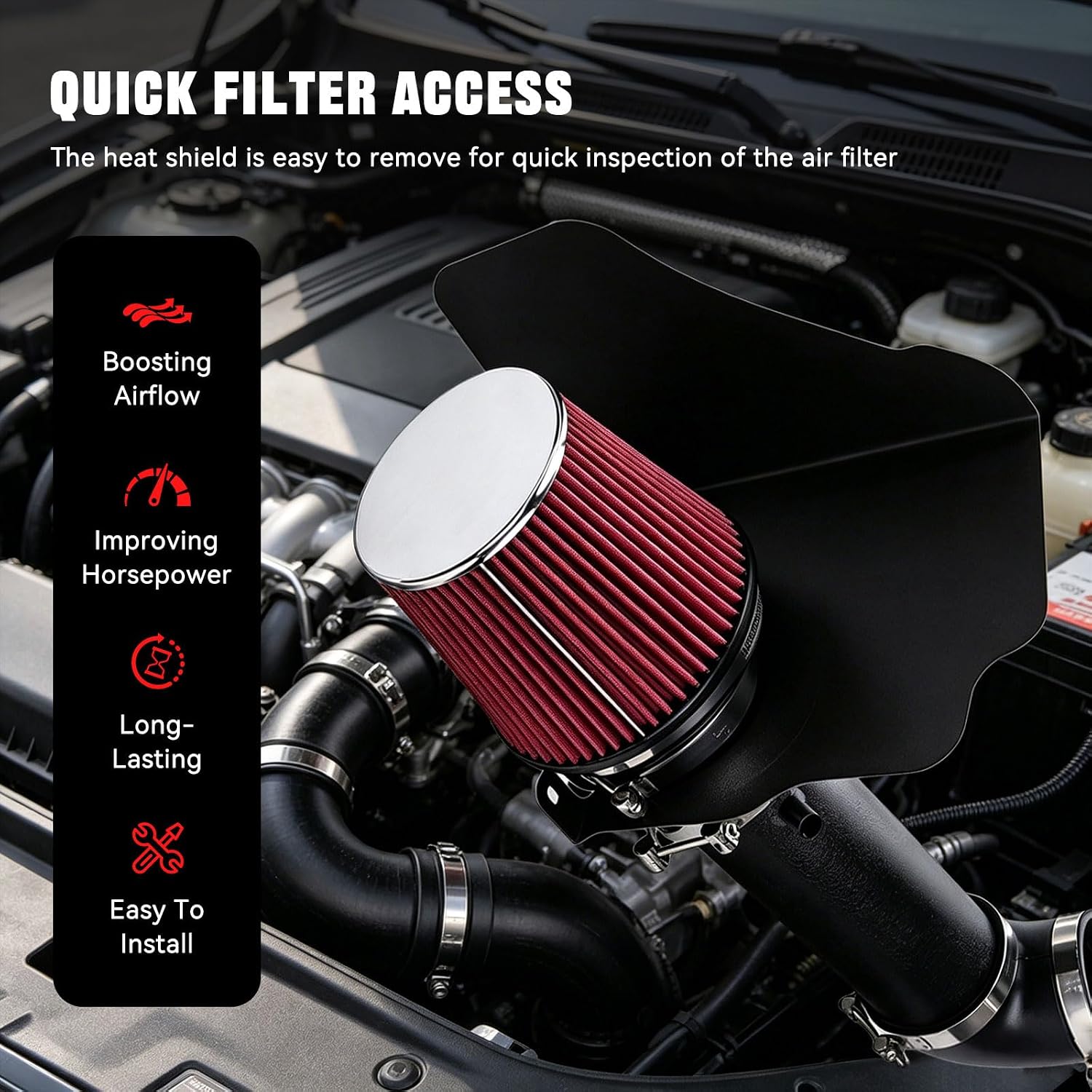 Cold Air Intake Kit with Heat Shield for 2005-2008 Dodge Magnum 5.7/6.1L, 2006-2010 Charger 5.7/6.1L, 2008-2010 Challenger 5.7/6.1L, 2005-2010 Chrysler 300 5.7/6.1L, High-Flow Air Intake, Red