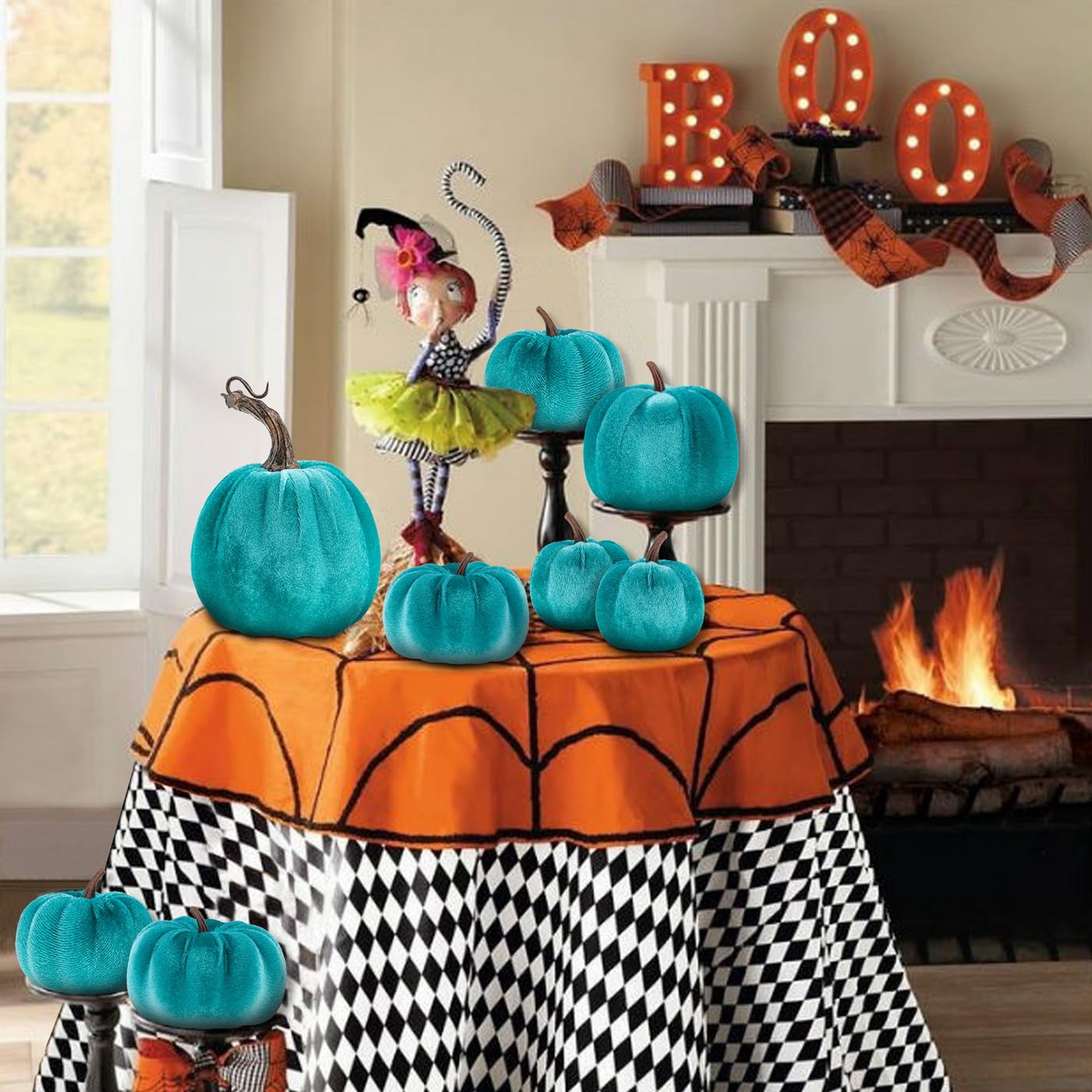Zucche finte in velluto artificiale, blu, 8 pezzi, per Halloween, Ringraziamento, fatto a mano, per la casa, la cucina, la festa all'aperto