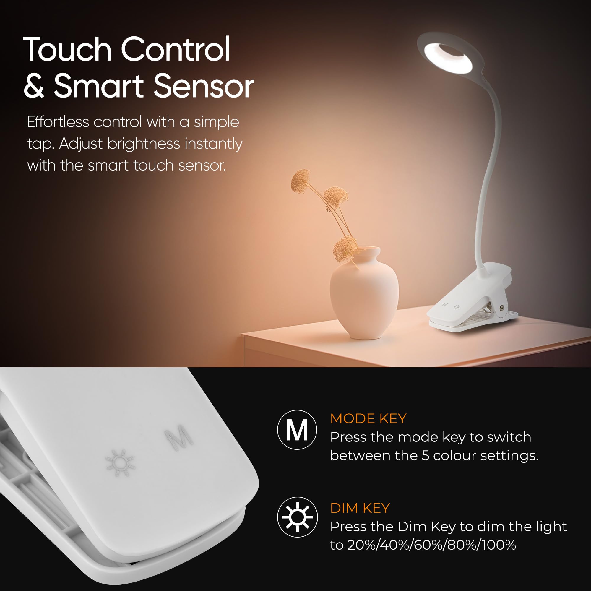 National Lighting Dimmable LED Clip On Light, 4.5W Touch Control LED Lamp with Flexible Neck & Strong Clamp - Image 3