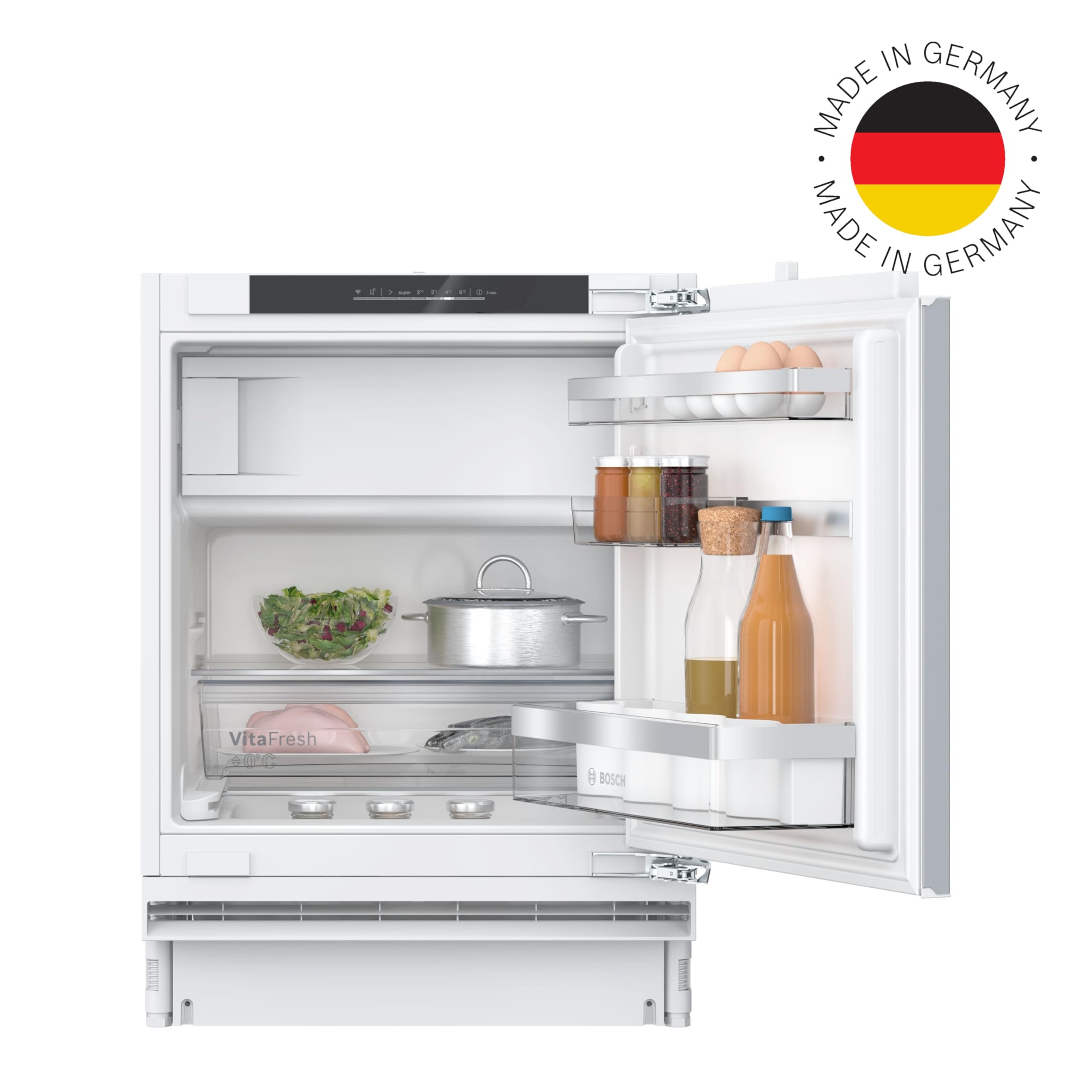 Bosch KUL22ADD0, Serie 6, Smarter Unterbau-Kühlschrank mit Gefrierfach, 82 x 60 cm Nische, 93 L Kühlen & 17 L Gefrieren, Made in Germany, längere Frische mit VitaFresh 0º, sehr leise, HomeConnect