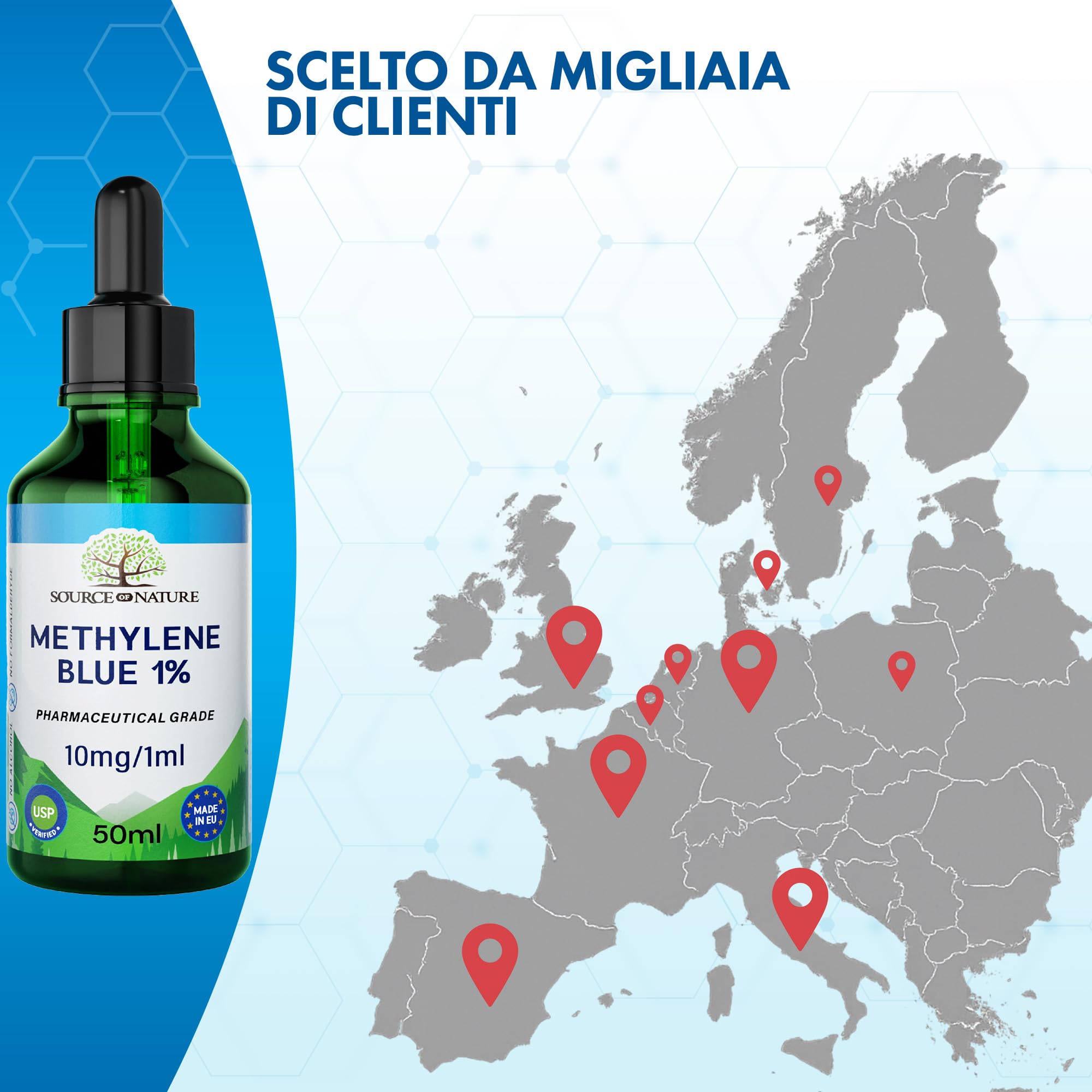 Blu di Metilene (Metilene Blu) 1% Soluzione | 50 ml Flacone con Pipetta | Qualità Farmaceutica USP | Alta Purezza | Senza Alcol e Formaldeide | Vetro Scuro Protettivo