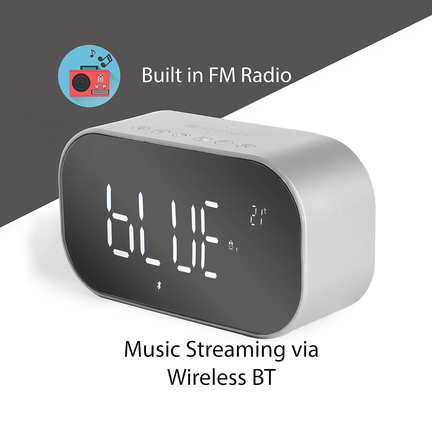 Zebronics Zeb-CLOSIC Mirror speaker displaying 'BLUE' and temperature, indicating built-in FM radio and wireless BT music streaming.