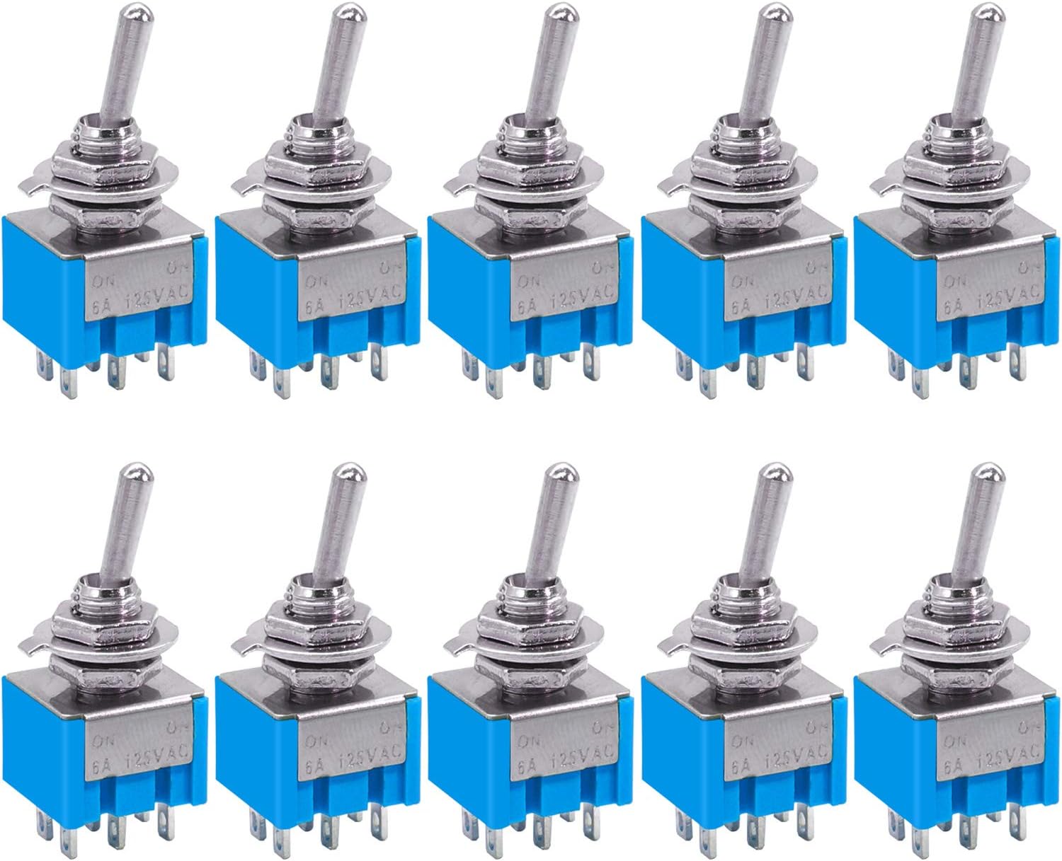 Taiss 10Pcs DPDT Mini Toggle Switch 6-Pin 2 Position ON/ON Miniature Toggle Switches 6A 125VAC Toggle Switch MTS-202