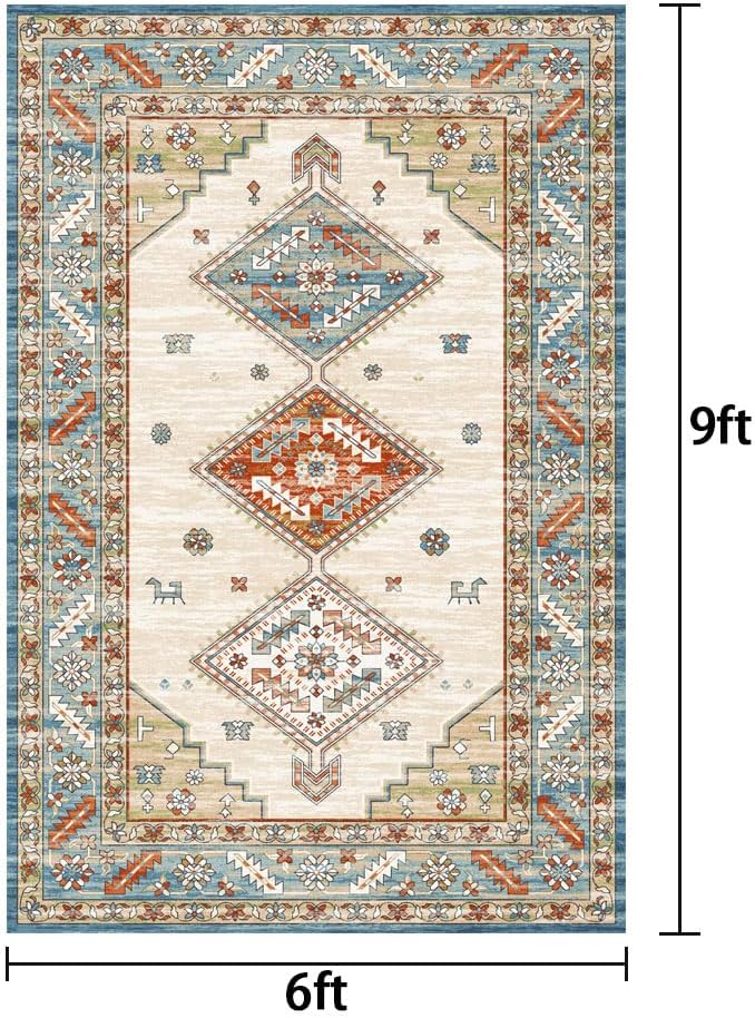 for Living Room - Machine Washable Area Rug 6x9 Boho Non-Slip Bedroom Rugs Throw Ultra-Thin Rug for Dining Room Table, Farmhouse Neutral Print Soft Indoor Rug for Office Home
