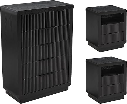 YANSNWO Modern Fluted Dresser and Nightstand Sets, Including 44" H 6 Drawer Dresser and Nightstands Set of 2 with Drawer & Charging Station, Bedroom Set for Home, Black