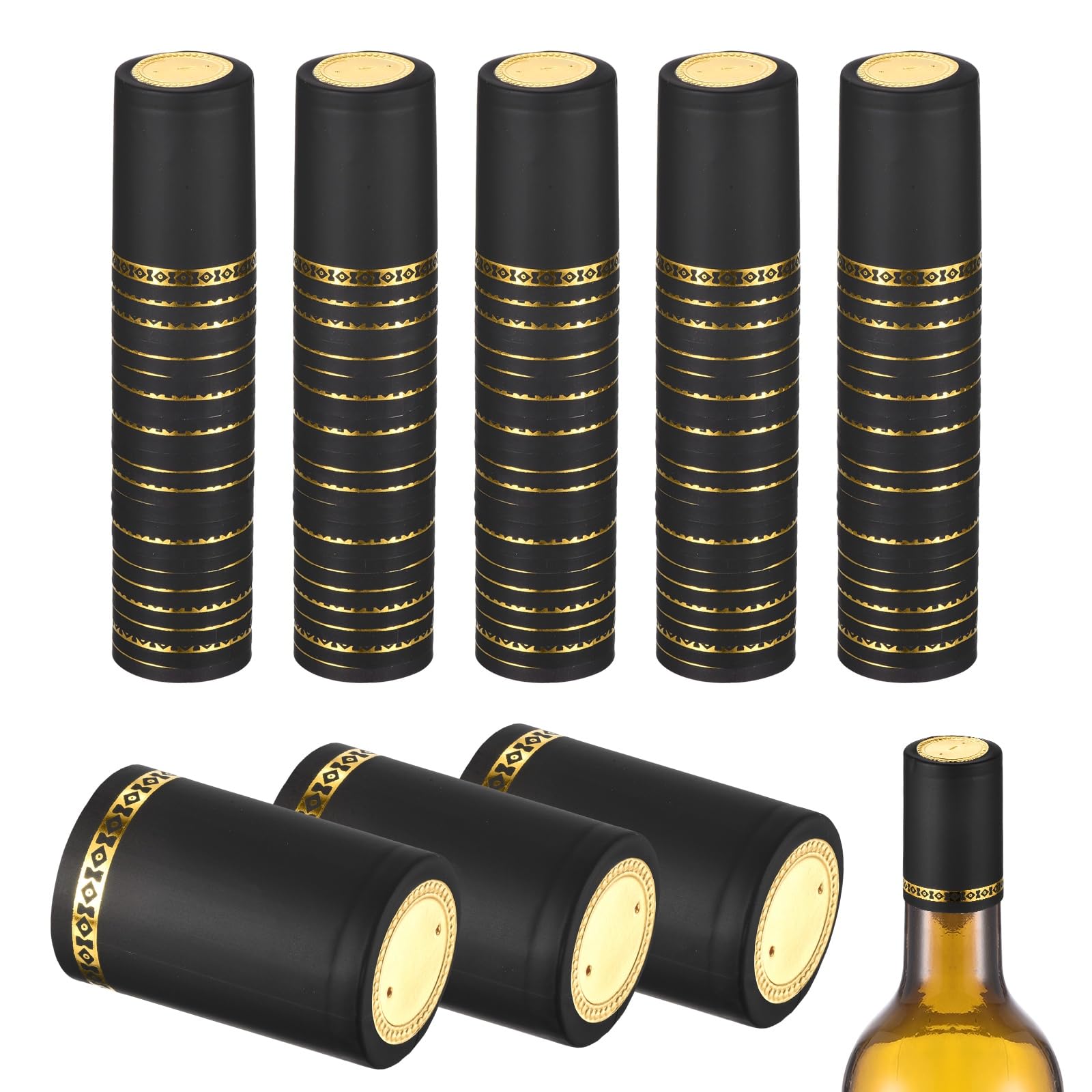 sourcing map 150Pcs PVC Heat Shrink Capsules, 32mm x 50mm Wine Bottle Capsules Shrink Wrap Sleeves Bottle Corks Caps for Wine Making Cellars and Home Kitchen, Gold/Black Gold Foil