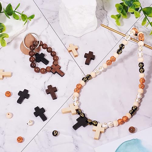 Miniatura 3 de KISSITTY Kit de rosario para hacer rosario, cuentas de rosario de cruz de 0.315 in, cuentas redondas de madera de Pascua, cuentas espaciadoras de