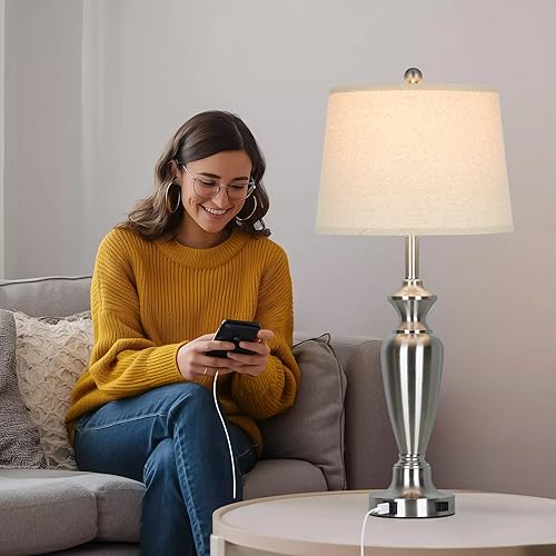 Miniatura 5 de Juego de 2 lámparas de mesa plateadas de 30 pulgadas de alto para sala de estar, lámparas de noche regulables de 3 vías para mesita de noche de