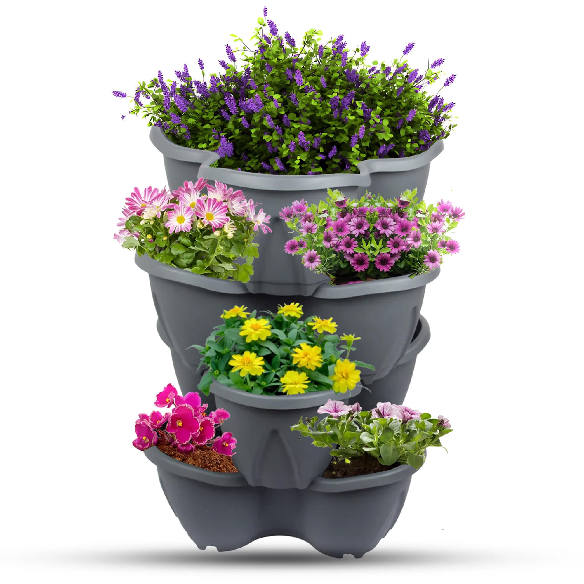 Set of 6 Black Stackable Trio Strawberry Planter Pot Vegetables Potatoes, Tomatoes, Flowers, Fruits Garden Patio Outdoor Self Watering Vertical Flower Pot