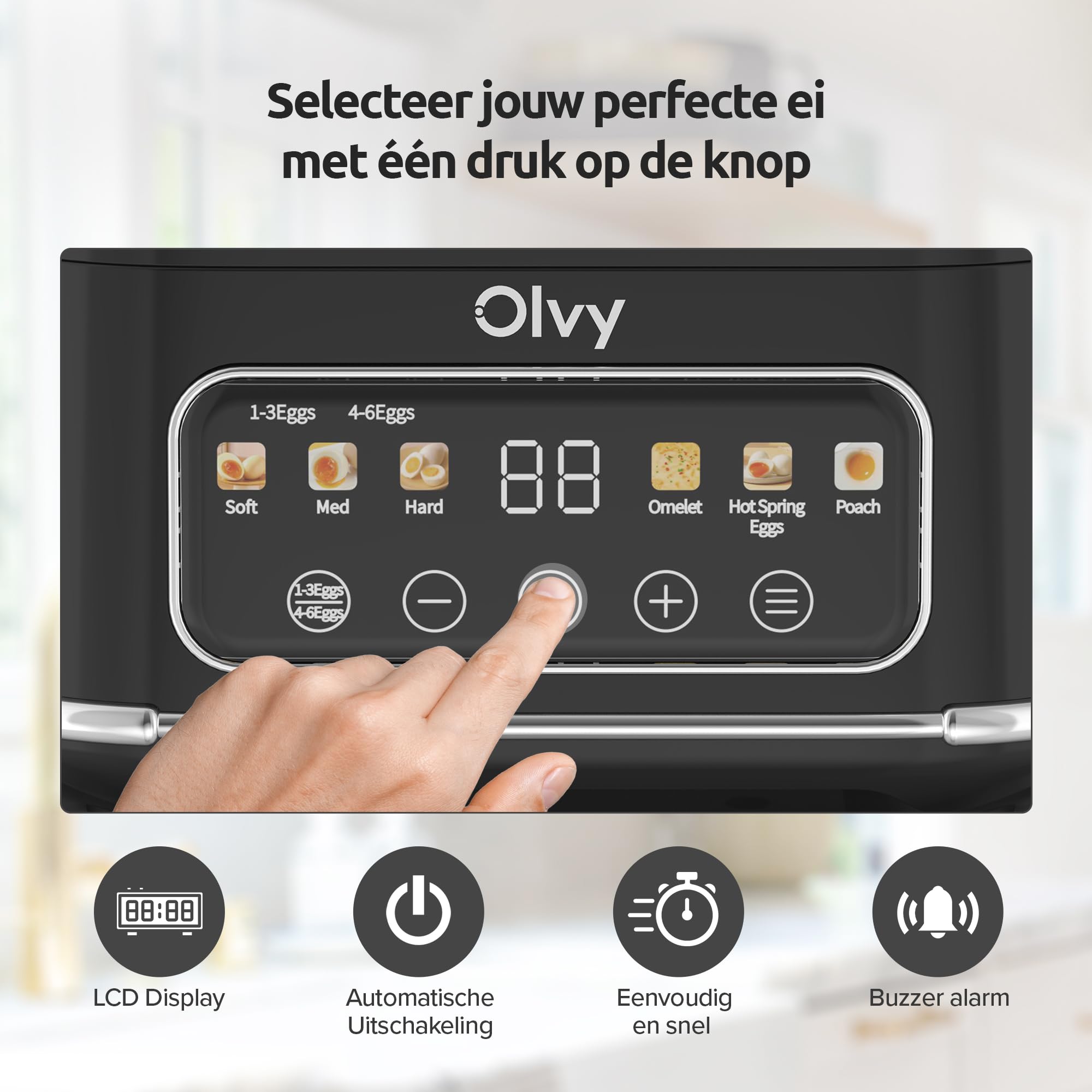 Olvy 6 w 1 elektryczny jajowar z timerem LCD - 6-jajowy podgrzewacz wody i parowar - automatyczne wyłączanie - części nadające się do mycia w zmywarce - wraz z miarką