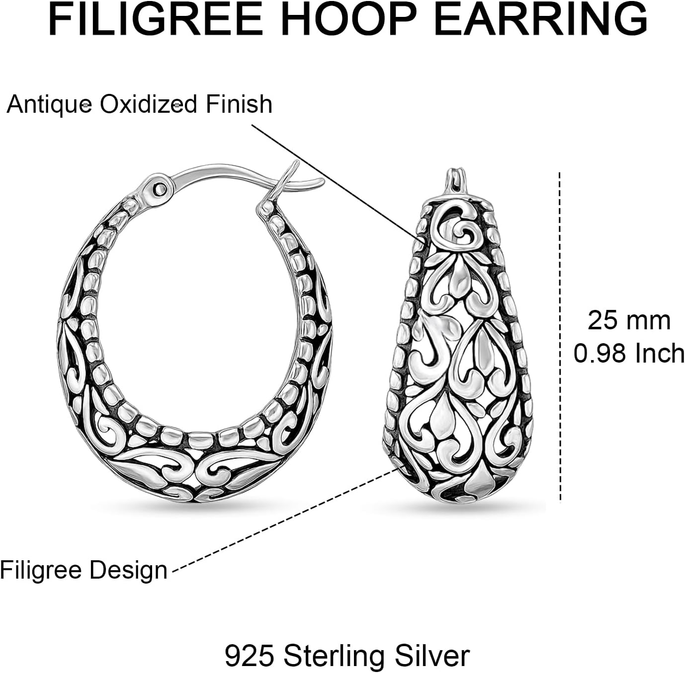 LeCalla 925 Sterling Silver Filigree Hoop Earrings for Women | Antique Oxidized Click-Top Hoop Earring Jewelry | Women's Small Chunky Filigree Earring - Image 6