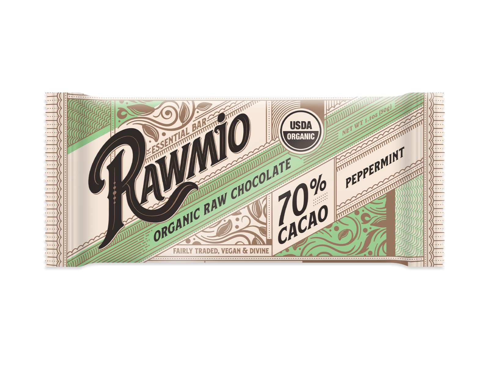 Rawmio Essential Mint Chocolate Bar - Organic Raw Chocolate 70% Cacao with Peppermint