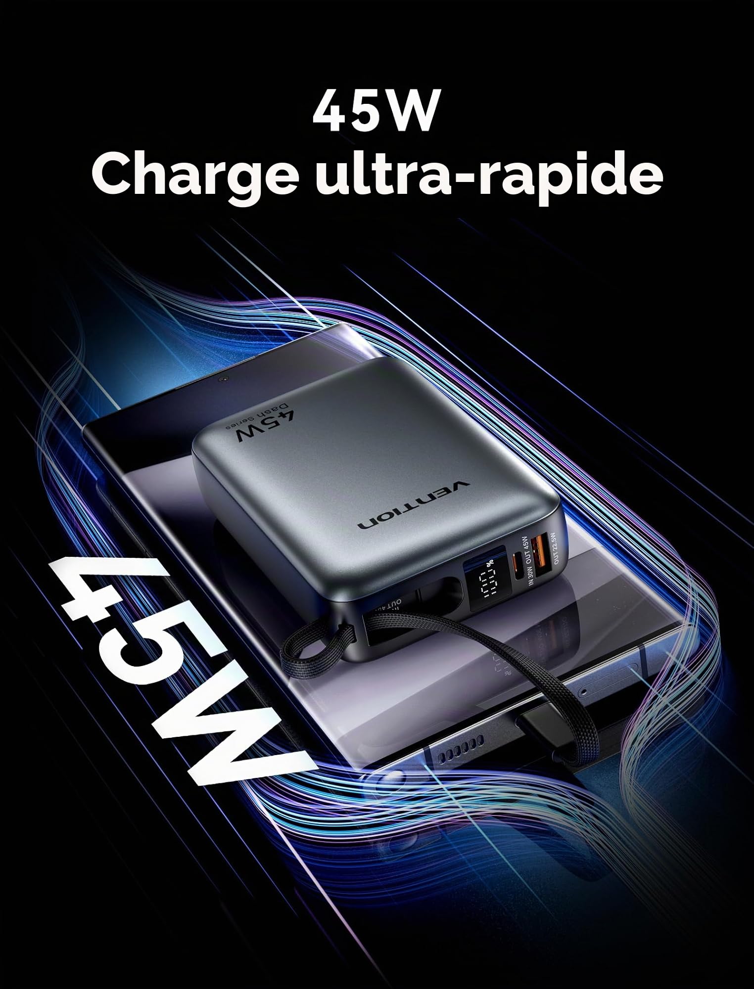 VENTION Mini Power Bank 45 W 20 000 mAh avec câble USB-C intégré, Chargeur Rapide PD/PPS, Batterie Externe de téléphone Portable avec écran LED pour iPhone 16/15/14, Galaxy S25/S24, iPad, Ordinateur