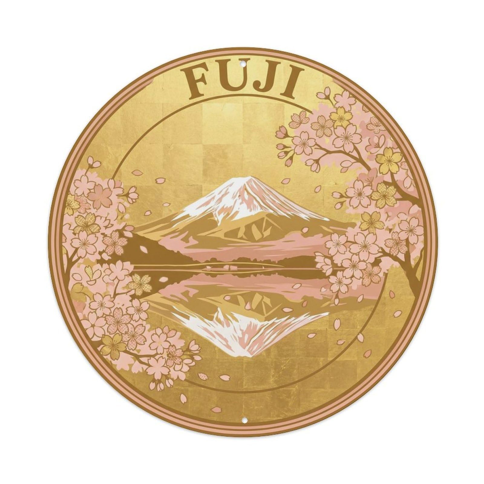 Olyhtr 8X8inch Classic Style Fuji Cherry Blossom Lake Rinpa Gold Pink Japan Metal Tin Sign