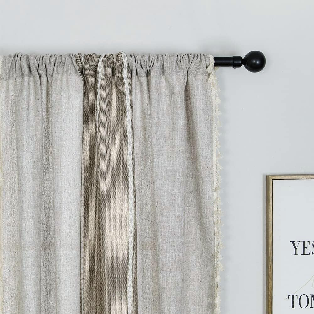1 Paar Boho-Vorhänge aus Baumwolle und Leinen mit Quaste, gestreifte Semi-Blackout-Bauernhausvorhänge für das Schlafzimmer-Wohnzimmer (Beige und Kaffee, 230 *140 cm)