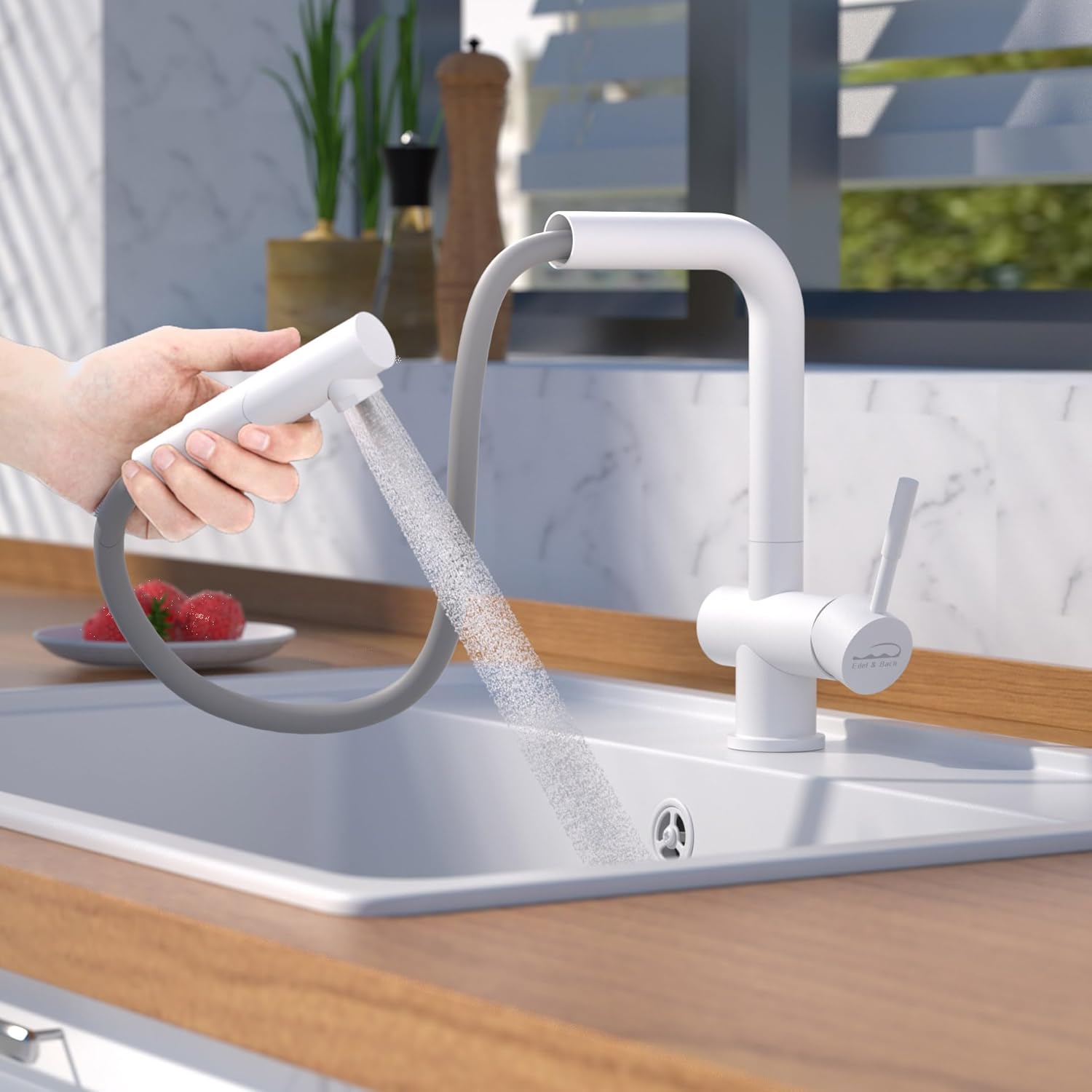 Edel & Bach Premium Pull-Out Kitchen Faucet with a 120° Swivel Spout, Precision-Cast from SUS304 Stainless Steel 1 Handle 1 Hole Brushed, for Farmhouse Laundry Camper Rv Bar (White)