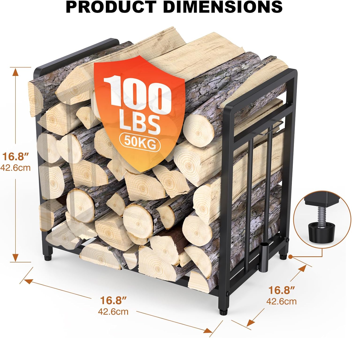 15.5-Inch Compact Metal Firewood Rack with Fire Blower, for Indoor Outdoor Use with Fireplaces, Stoves, and Grills, Black